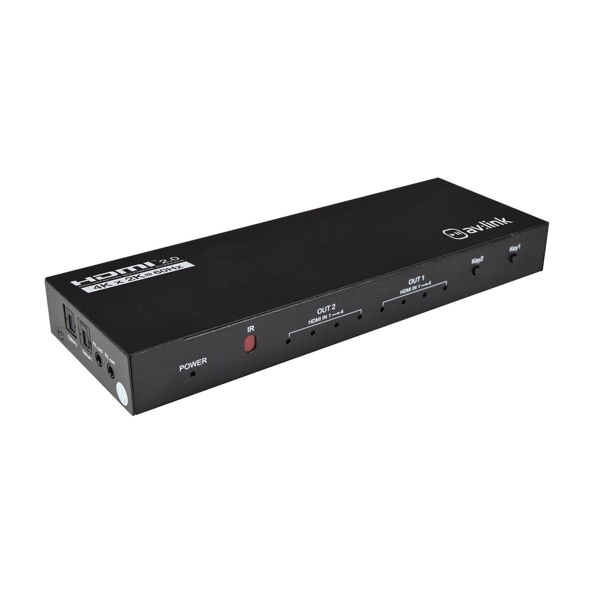 AV:Link 4K HDMI 2.0 Matrix 4 x 2 switch in black metal casing with front IR sensor, input indicators, Key1 and Key2 buttons, and side optical and 3.5mm outputs.