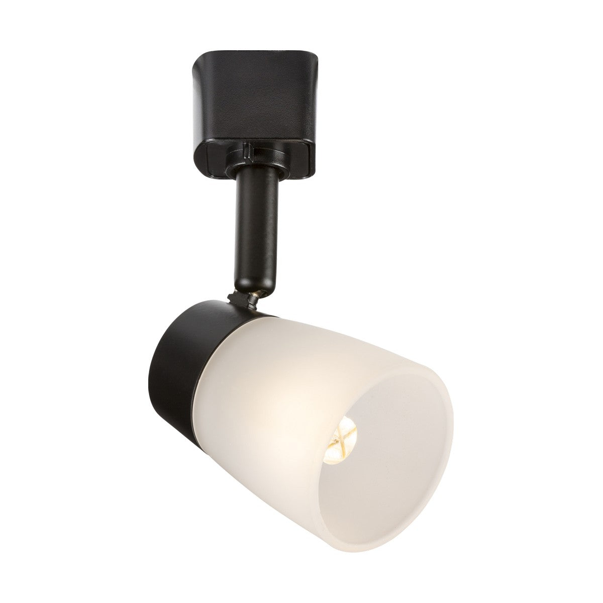 The G9 Track Spotlight - Black is mounted on a sleek black base and includes a black directional track spotlight with a white conical shade. It features GU10 lamps and can be angled downward for precise lighting. Additionally, it's dimmable, allowing you to create the ideal ambiance in any space.
