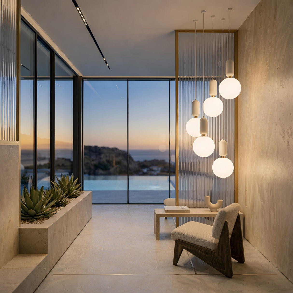 A modern, minimalist room with floor-to-ceiling windows overlooks a pool and sunset. Stylish chairs, a bench, the Pallo Pendant Light - White with opal glass diffusers, and potted succulents create a serene, elegant atmosphere.