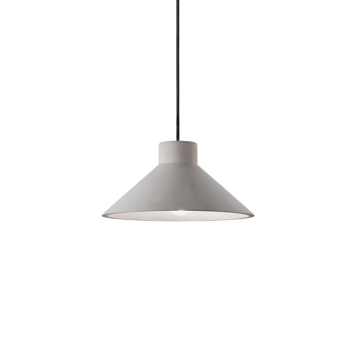 The Rove-6 1 Light Pendant in grey features a minimalist, cone-shaped design with an industrial concrete diffuser and a sleek black cord, all set against a plain white background. It's ideal for modern interiors.