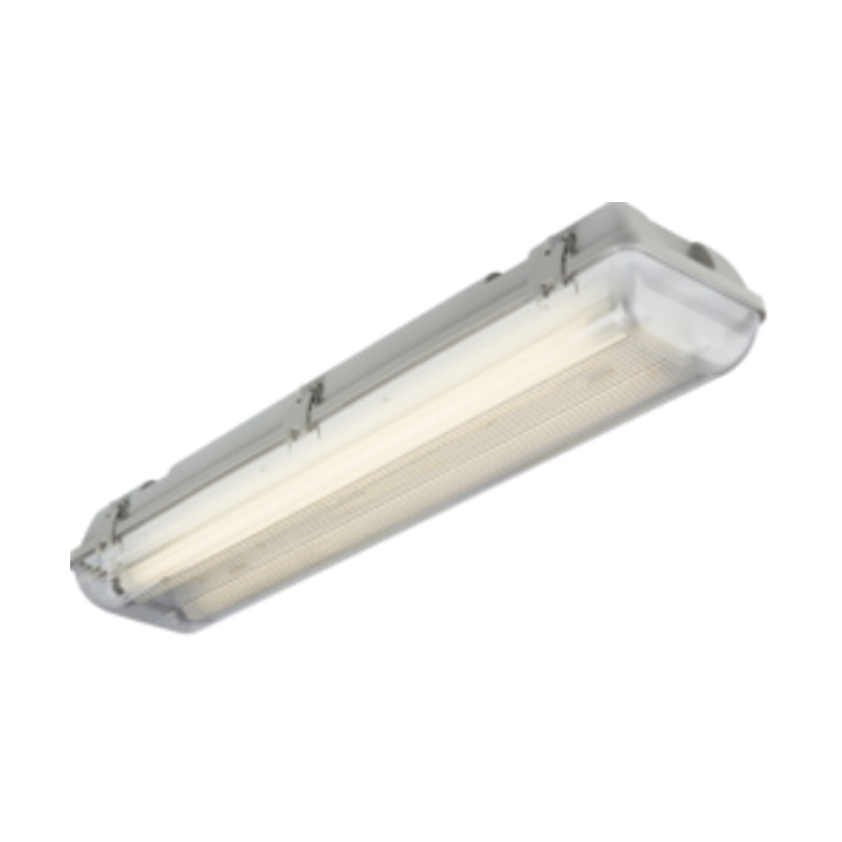 A Twin 4ft T8 LED Ready Non-Corrosive Fitting IP65 featuring a rectangular, ceiling-mounted design with a transparent cover, perfect for various indoor settings. This fixture is displayed against a plain white background.
