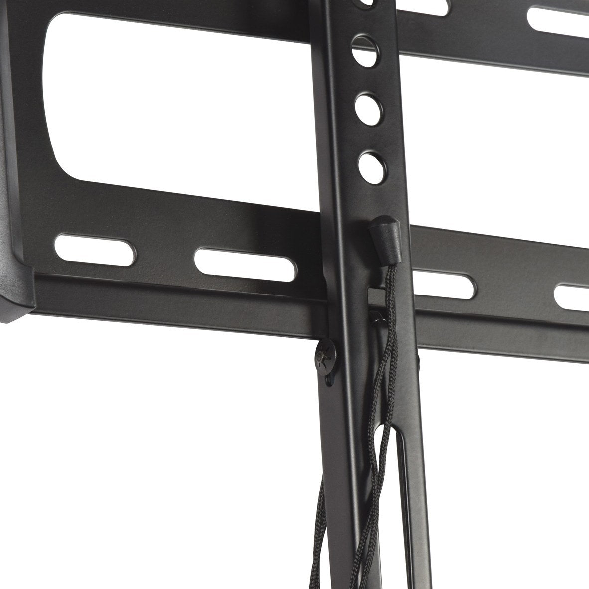Close-up of the AV:Link LPF800 fixed ultra slim TV wall bracket in matte black steel, showing VESA slots, mounting holes and release drawstrings.