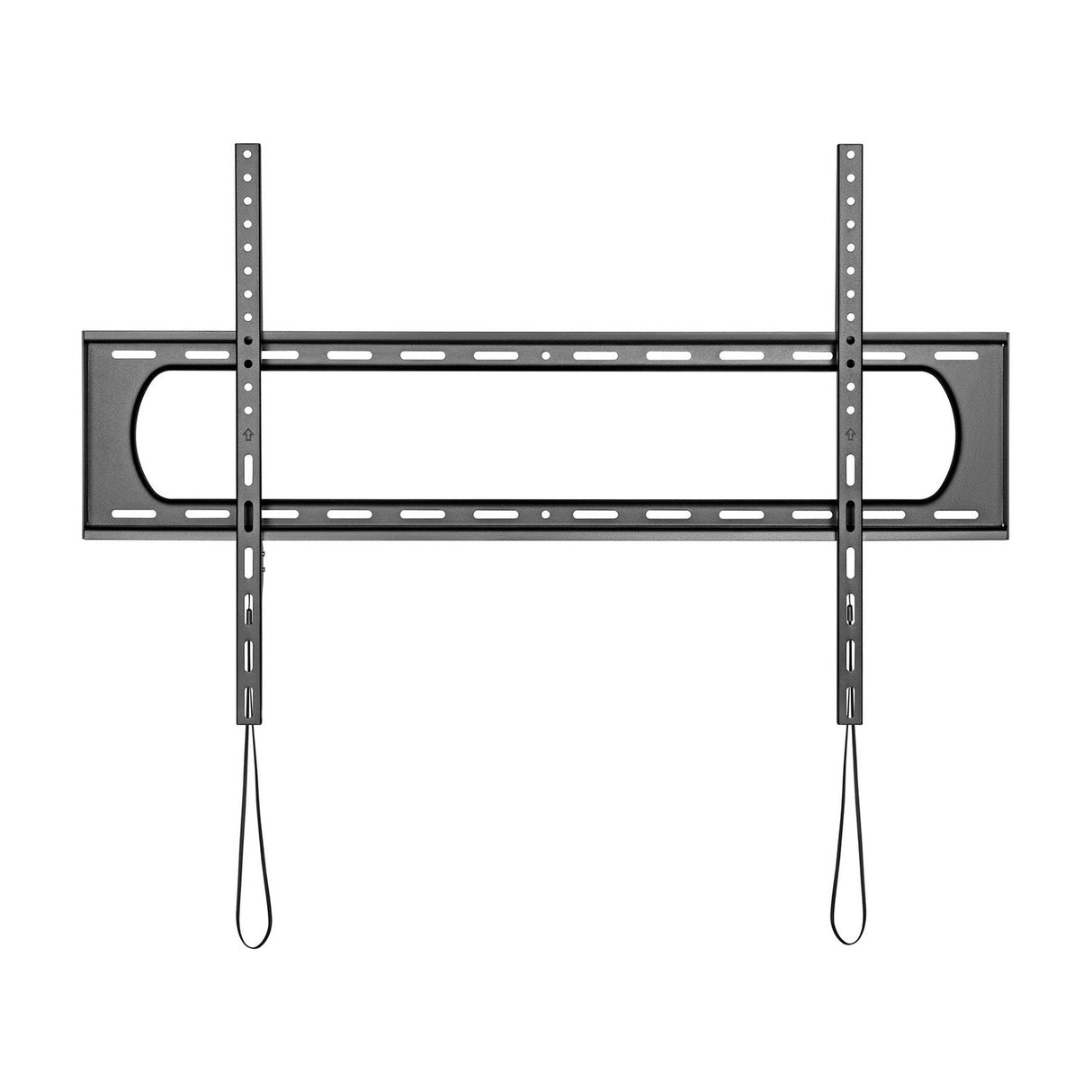 AV:Link fixed heavy duty TV bracket for 60" to 120" screens, black steel wall mount with vertical arms and release drawstrings on a plain background.