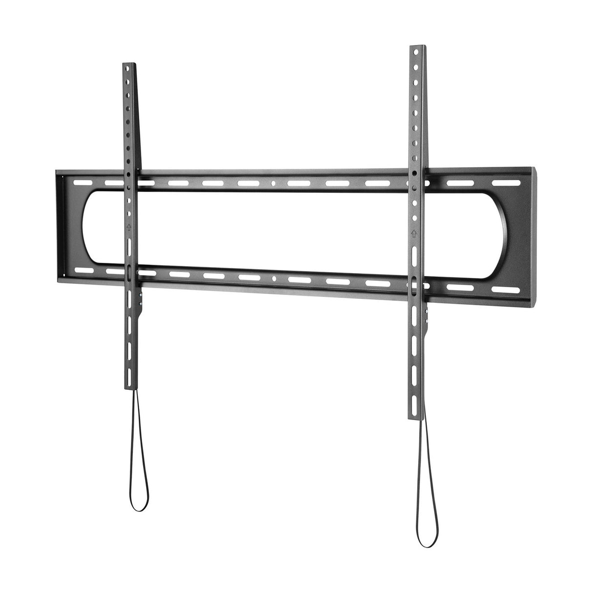 AV:Link fixed heavy duty TV bracket for 60" to 120" screens, black steel wall mount with vertical rails, horizontal bars, and release drawstrings.