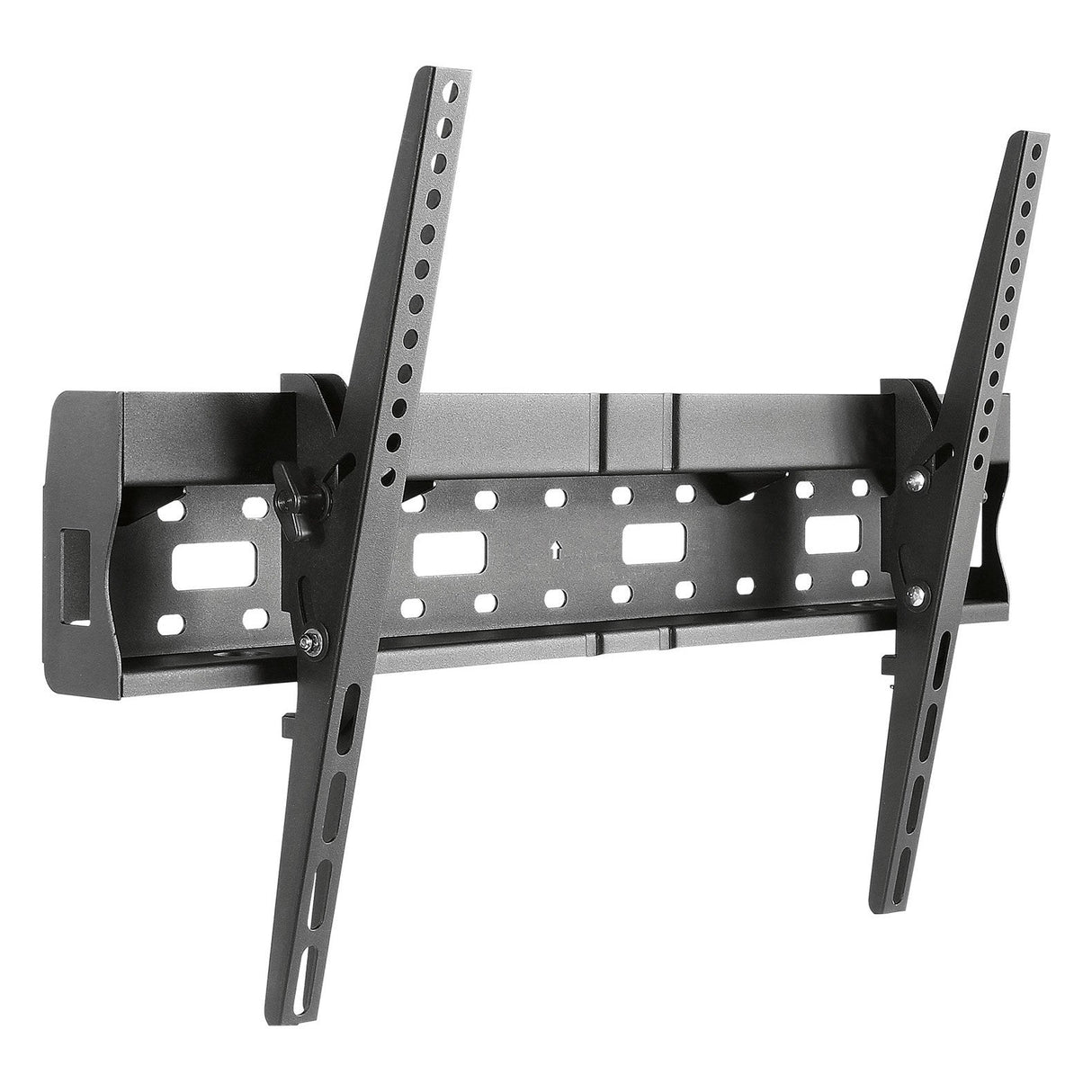The AV:Link VESA Tilting TV Bracket With Storage Box (37-70 inch) is a black, wall-mounted bracket with adjustable vertical arms and multiple mounting holes, shown tilted slightly forward against a white background.