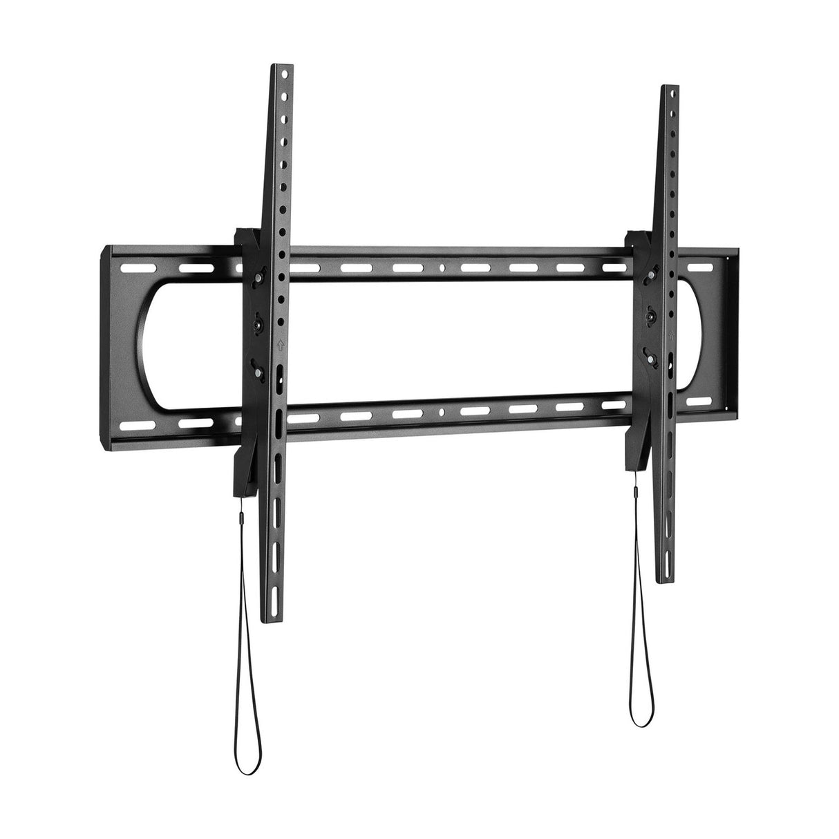 AV:Link tilting heavy duty TV bracket for 60" to 120" screens, black steel wall mount with vertical rails, tilt plate and pull-cord release straps.