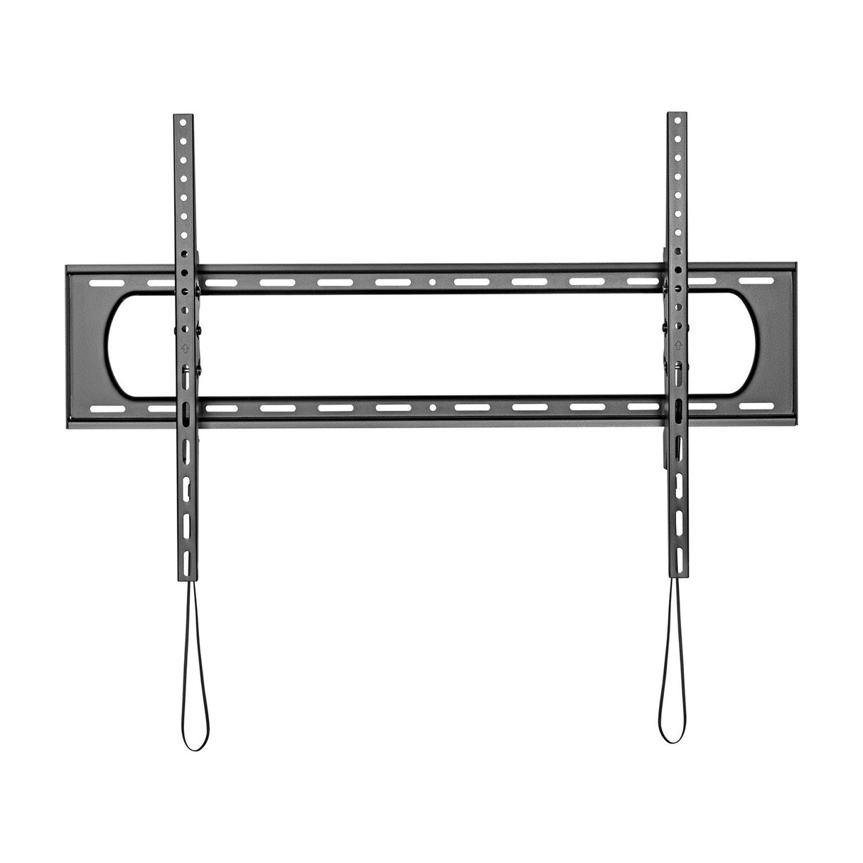 AV:Link tilting heavy duty TV bracket for 60" to 120" screens in matte black steel with drawstring release loops, shown on a plain white background.
