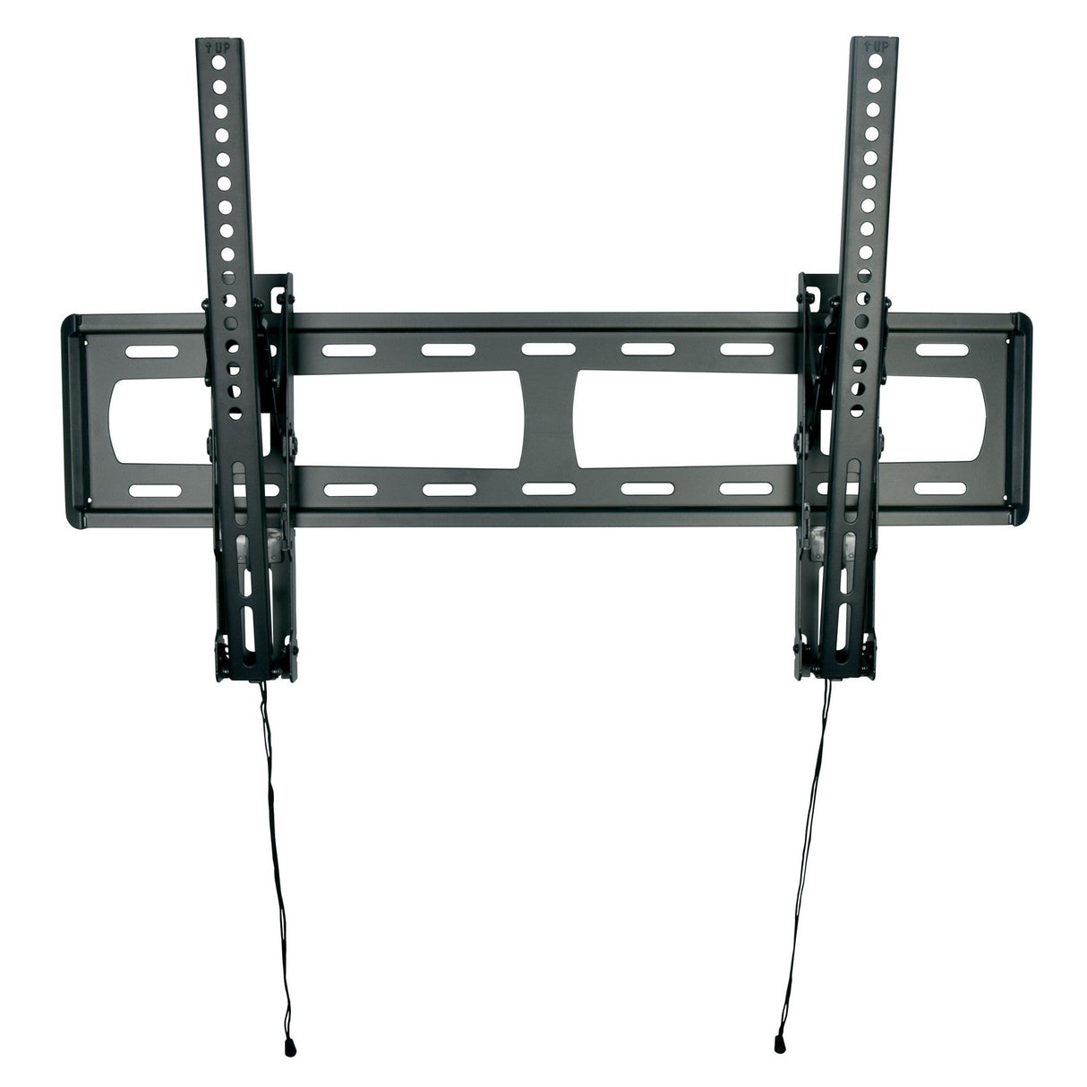 The AV:Link VESA Tilting Ultra Slim TV Bracket (47–90) is a black metal mount for flat-screen TVs, with adjustable vertical bars, VESA 800x600 support, multiple screw holes, and two pull cords for easy hanging.