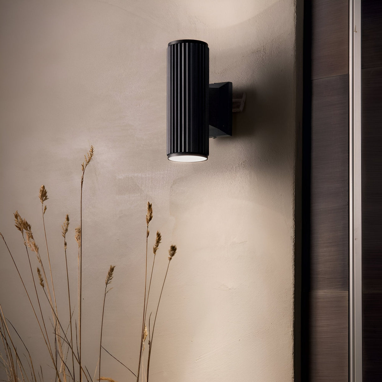 The Flame 2 Light Outdoor Wall Light in black, with its modern cylindrical design and IP-rated finish, is mounted on a textured beige wall, illuminating the area. It casts a warm glow while dry ornamental grasses in the foreground contribute a natural touch to the scene.