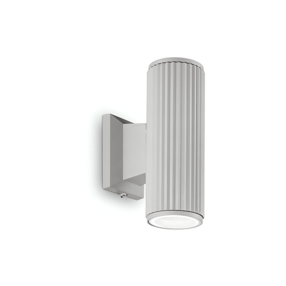 Introducing the Flame 2 Light Outdoor Wall Light in Grey: This sleek, cylindrical fixture features a ribbed design and is ideal for all-weather conditions. It is mounted on a rectangular base and emits a downward glow.