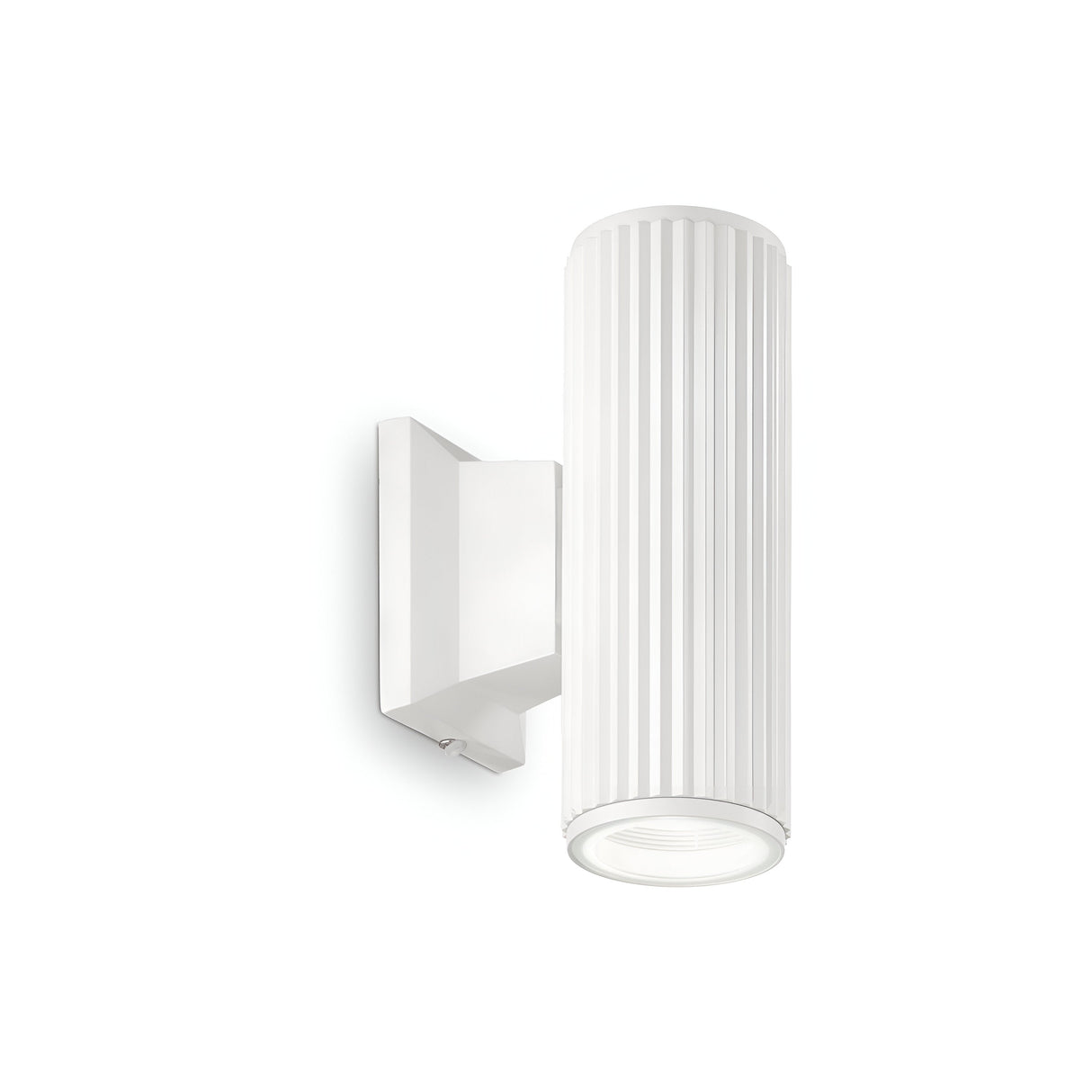 The Flame 2 Light Outdoor Wall Light - White is a contemporary cylindrical fixture featuring vertical grooves and a dual-light design. Attached to a square base, it illuminates downwards against a plain white background, highlighting its sleek and modern aesthetic.