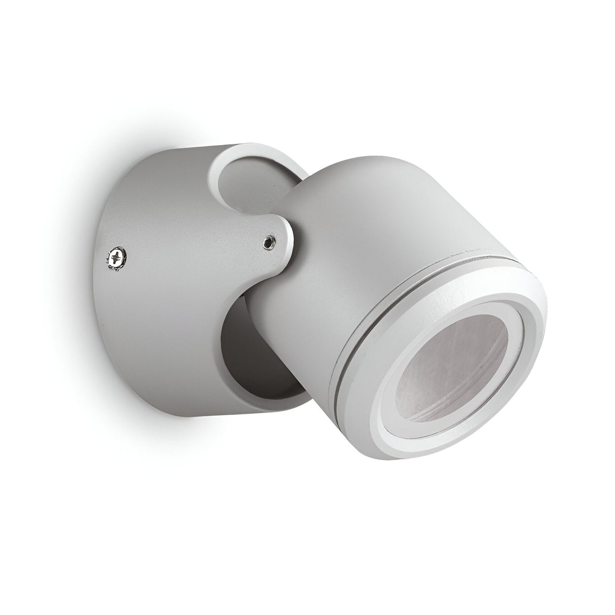 Introducing the Vista Outdoor Wall Spotlight in Grey—a contemporary, cylindrical spotlight with a stylish silver finish, crafted for lasting outdoor illumination. Featuring an adjustable head and built-in diffuser for directional lighting, it is mounted on a round base with an accessible screw for easy installation. Its minimalist design seamlessly enhances any modern environment.