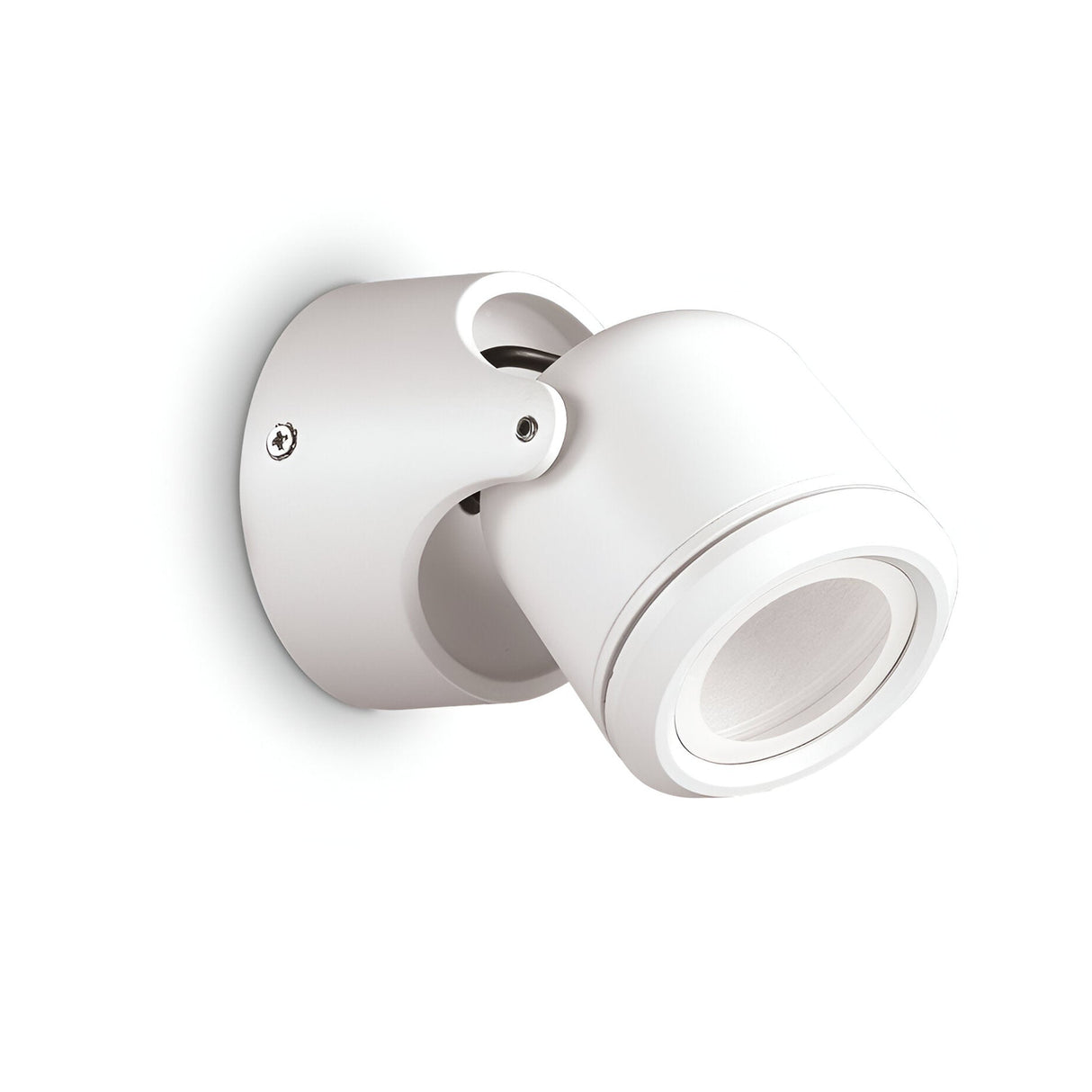 Introducing the Vista Outdoor Wall Spotlight in white, featuring a sleek cylindrical design with an adjustable diffuser. This wall-mounted spotlight is secured by a round base with visible screws and set against a plain white background that emphasizes its modern aesthetic. It's IP44 rated, making it exceptionally durable and perfect for outdoor use.