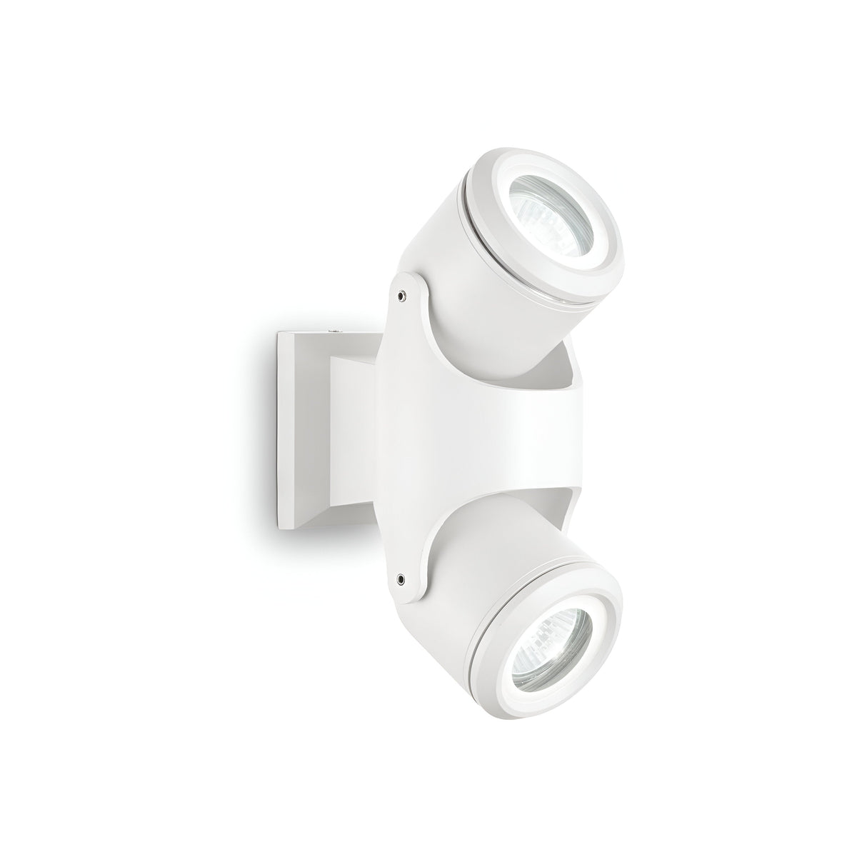 Product Data: The Vista Outdoor Twin Spotlight in white is crafted from powder-coated aluminium, featuring adjustable cylindrical lamps. It is mounted on a sleek, rectangular base, blending seamlessly against a plain white background.