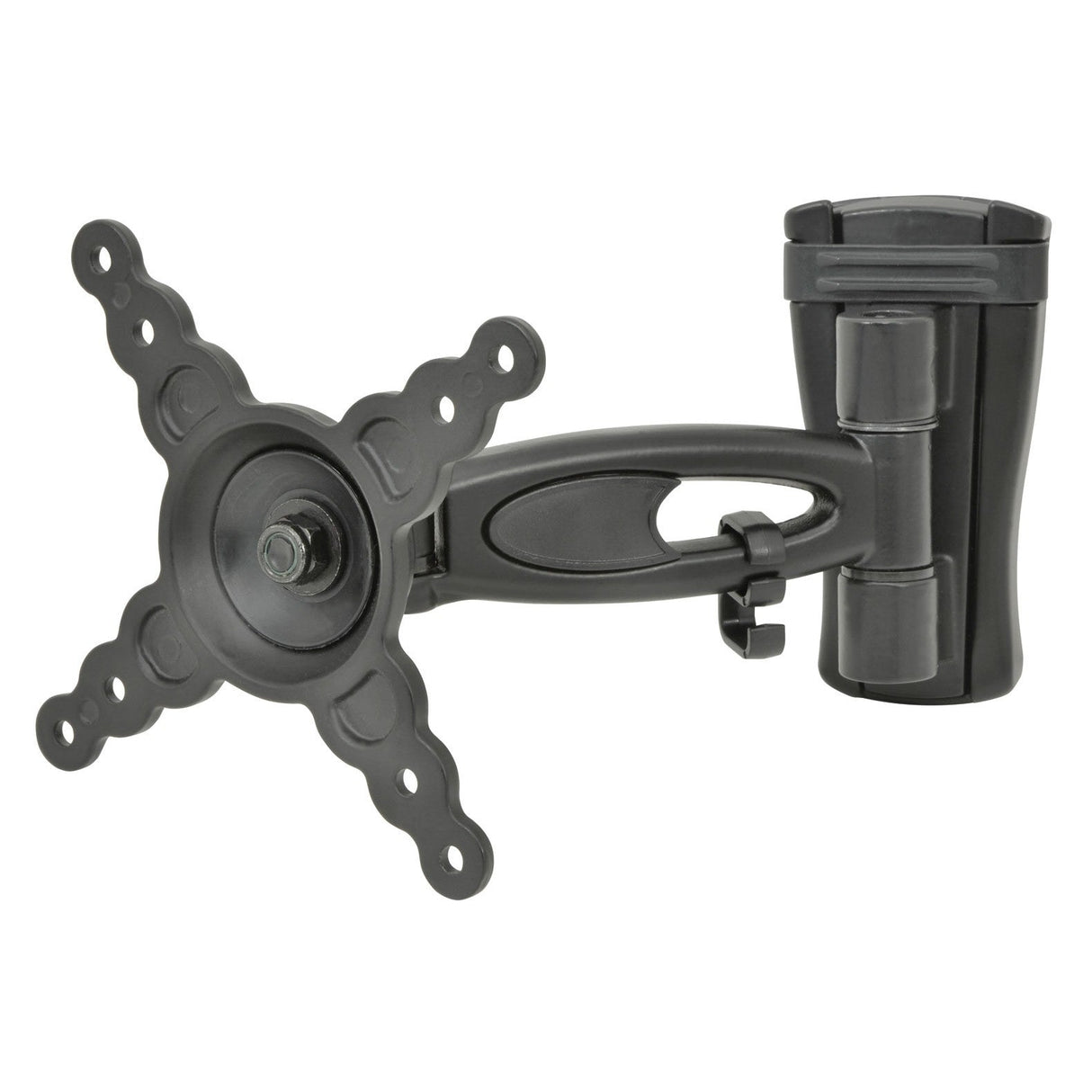 The AV:Link VESA Compact Full Motion Single Arm TV/Monitor Wall Bracket (13–42) is a black, adjustable mount with tilt, swivel rotation, a swiveling plate, VESA 200 support, and multiple holes for secure wall attachment.