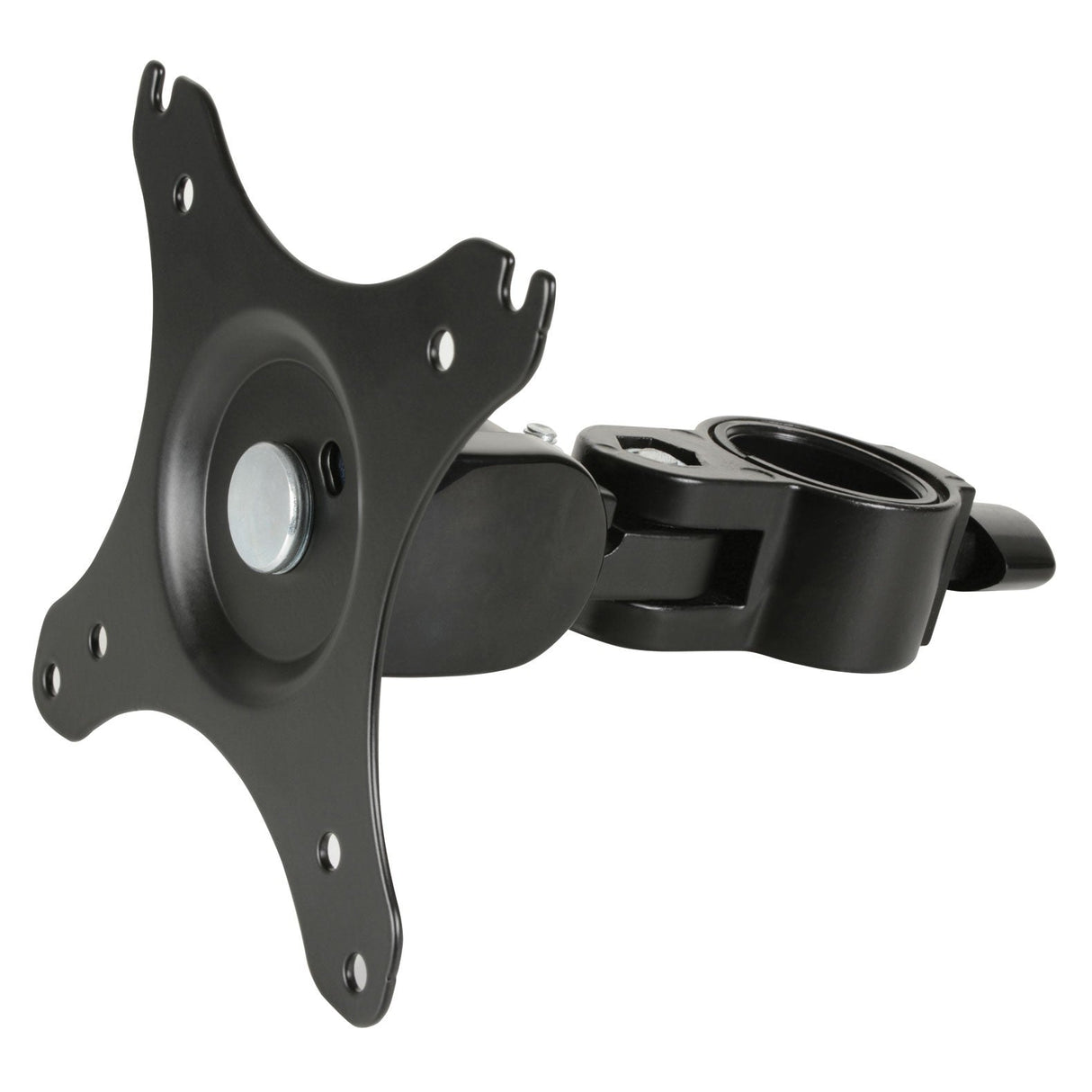 The AV:Link VESA Pole Mount TV Bracket (17–30) is a black metal mount with a short adjustable arm and multiple screw holes, ideal for TVs or monitors. Compatible with pole mounting setups, shown against a white background.