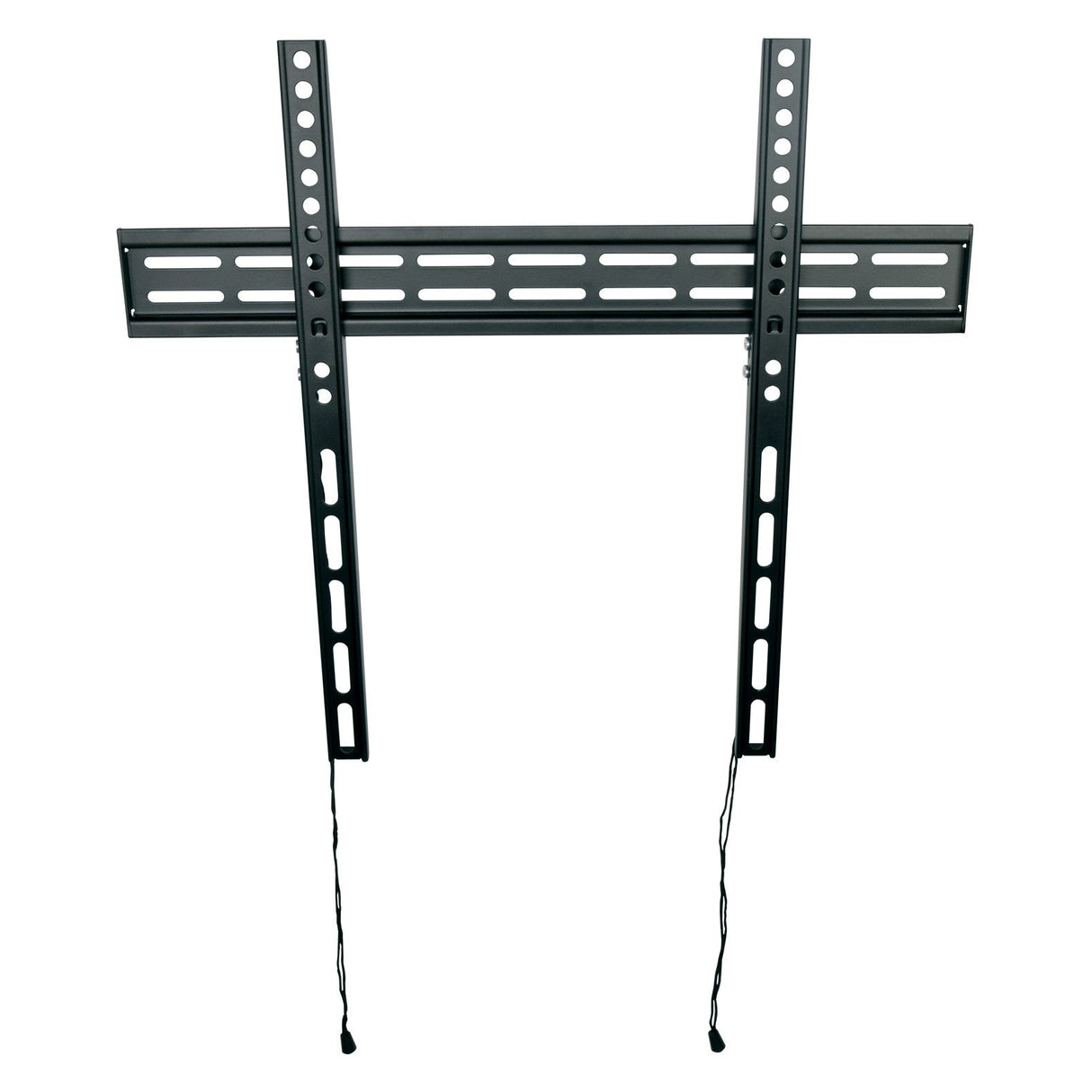 The AV:Link VESA Slimline Fixed TV Bracket (32–65) in black features a 400x400 mount, multiple holes for adjustable positioning, two vertical arms with pull cords, and offers a low-profile design securely attached to a white wall.