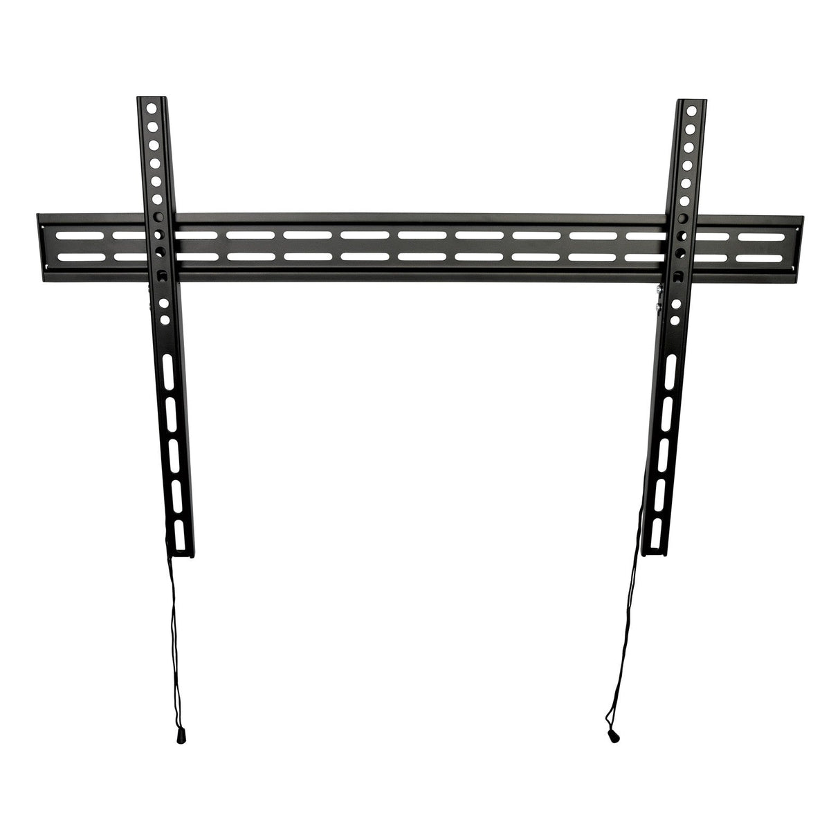 The AV:Link VESA Slimline Fixed TV Bracket (32 x 75 Inch) is a black metal wall bracket with two vertical arms, a horizontal bar, multiple holes for VESA mounting, and two pull cords for easy installation.