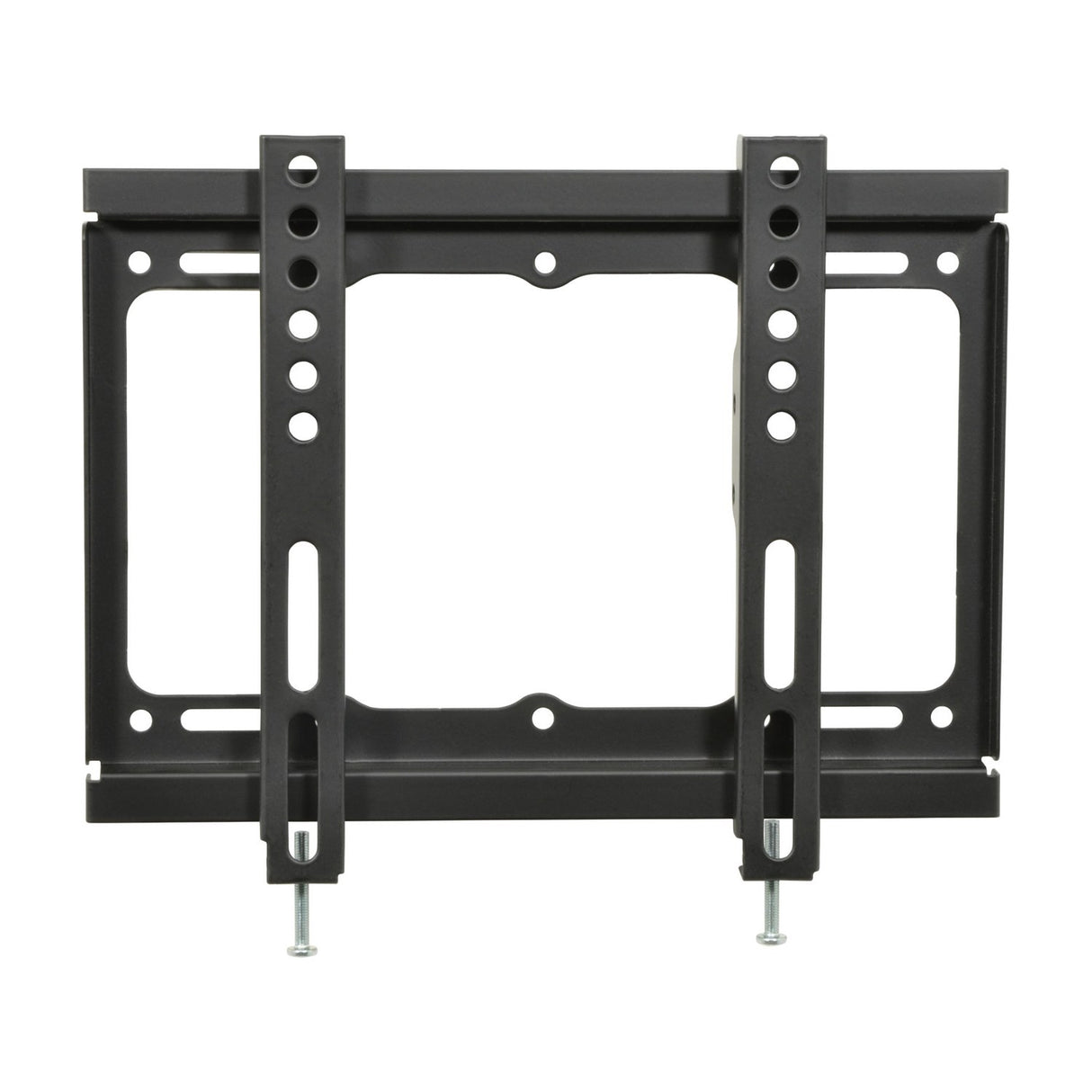 AV:Link SF201 fixed TV wall bracket in black steel with VESA 200x200 mounting slots and included bolts, shown on a plain white background.