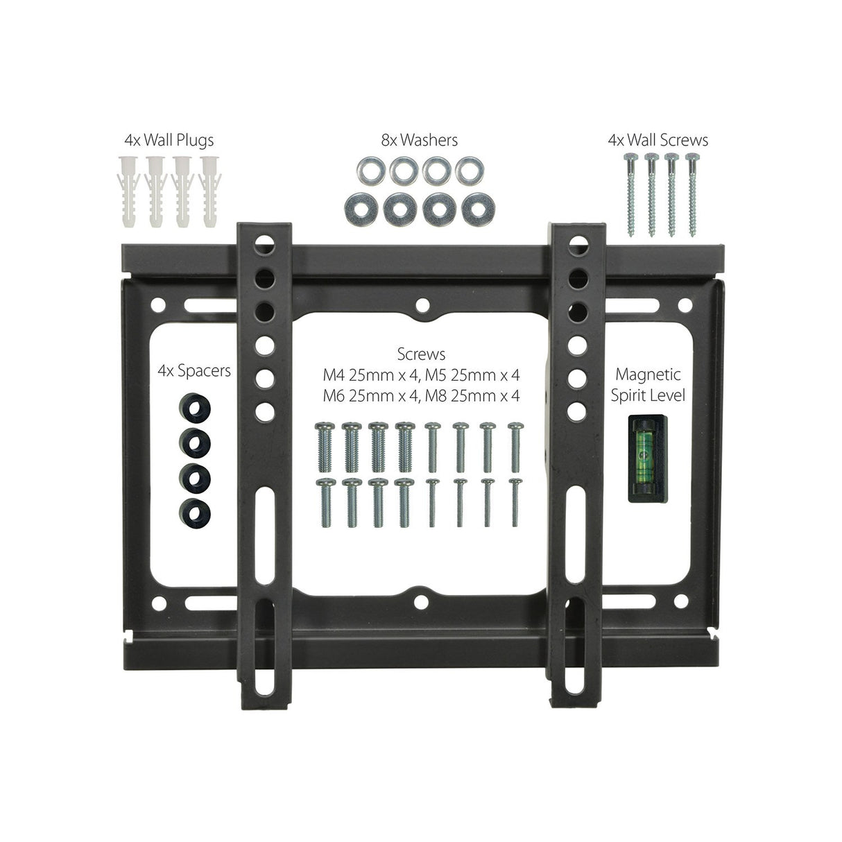 AV:Link SF201 fixed TV wall bracket with wall plugs, washers, wall screws, spacers, M4-M8 mounting screws and magnetic spirit level on white.