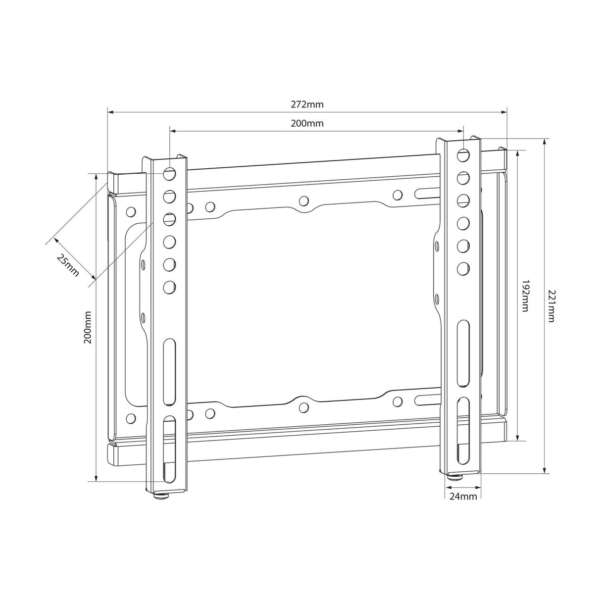Technical line drawing of the AV:Link SF201 fixed TV wall bracket showing dimensions 272mm x 221mm, 25mm wall distance, and VESA 200x200 pattern.