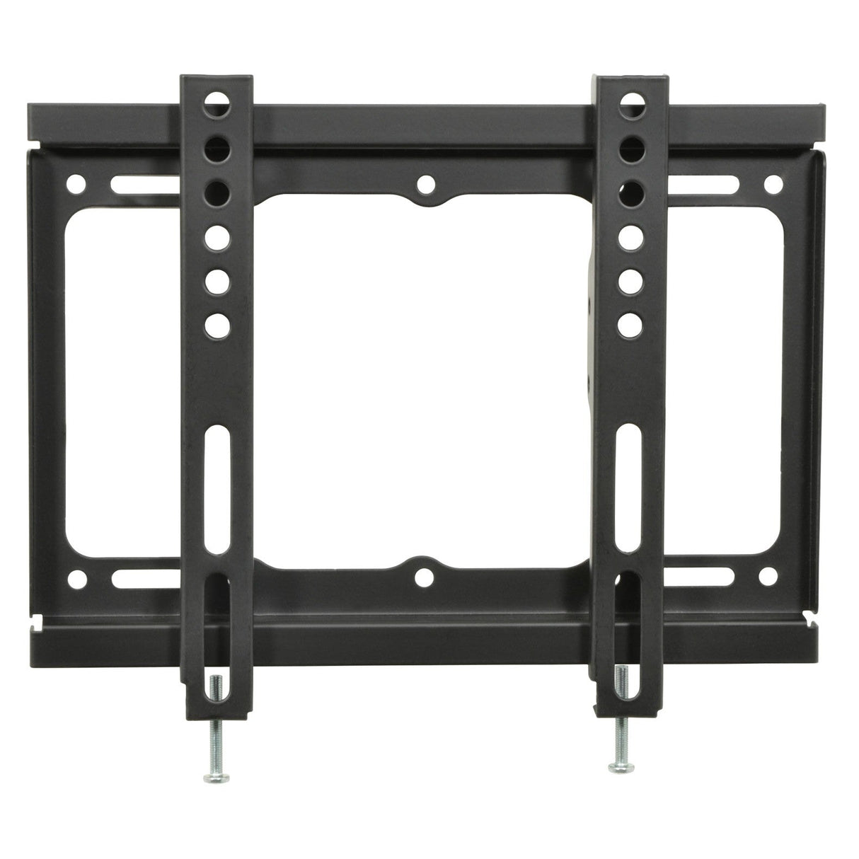 The AV:Link VESA Standard TV/Monitor Fixed Wall Bracket (17 x 45 inch) is a black metal mount with multiple screw holes, VESA 200x200 compatibility, low profile design, two vertical and one horizontal support bars, and visible bottom bolts.