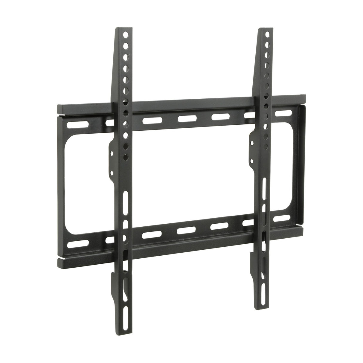 AV:Link SF401 fixed TV wall bracket in matte black steel with VESA 400x400 mounting slots and vertical arms, shown on a plain white background.