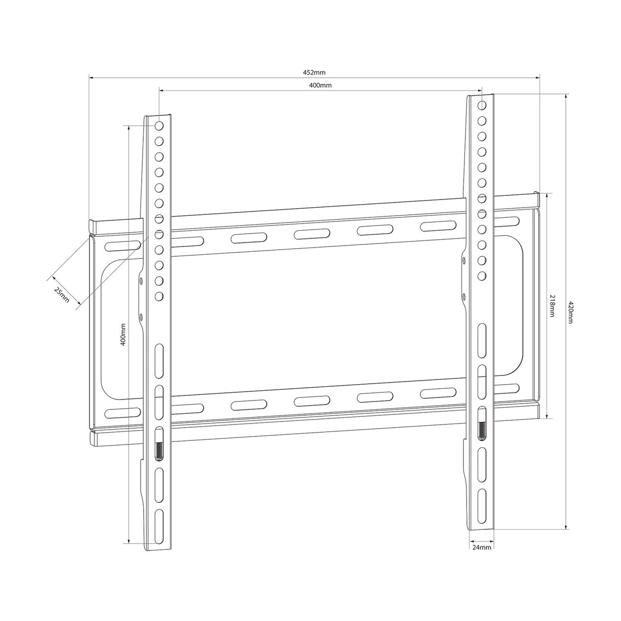 Technical dimension diagram of the AVSL AV:Link SF401 fixed TV wall bracket showing 452mm x 420mm size, 25mm wall distance, and VESA 400x400 layout.