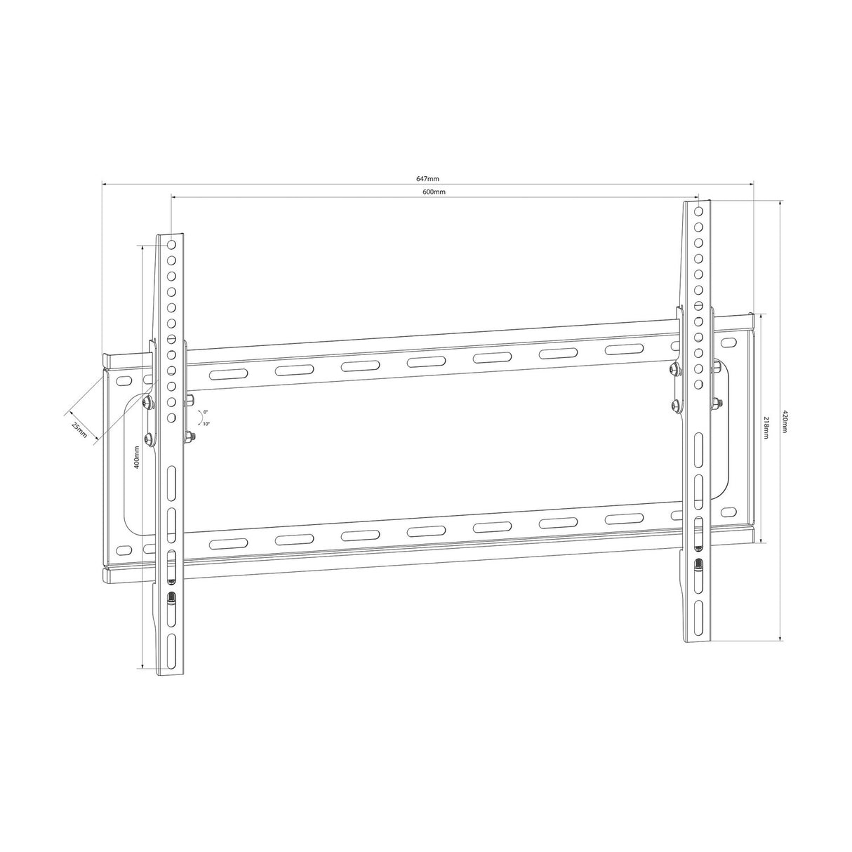 Technical dimension diagram of the AV:Link ST601 tilting TV wall bracket showing 647mm width, 420mm height, 25mm wall distance and VESA 600x400 layout.