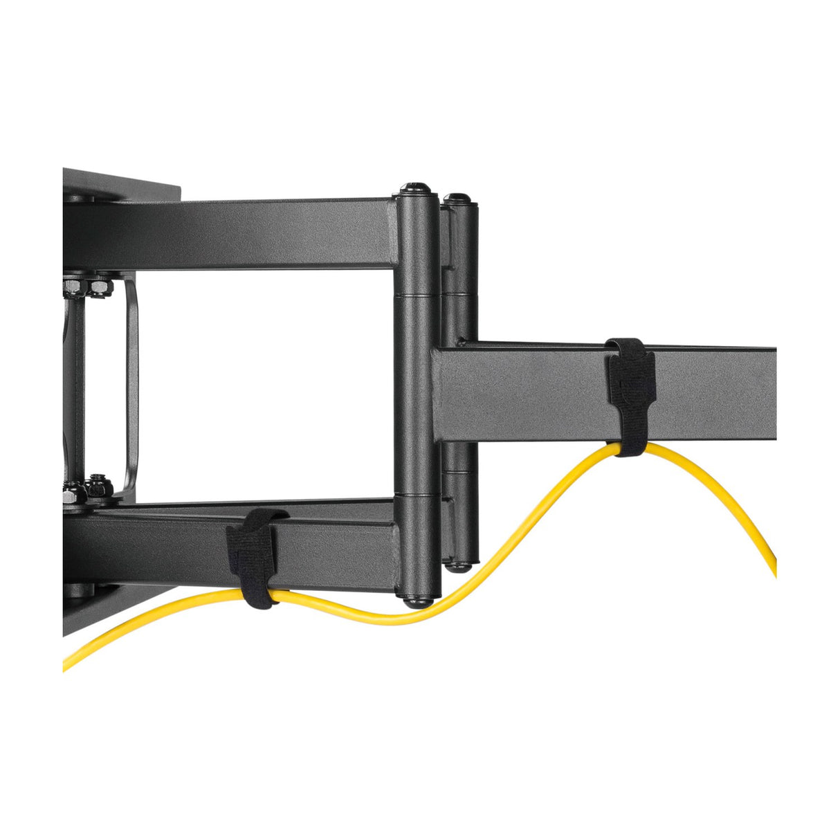AV:Link FMXL600 full motion TV wall bracket close-up showing black double arm, hinge joint and hook and loop straps routing a yellow cable.