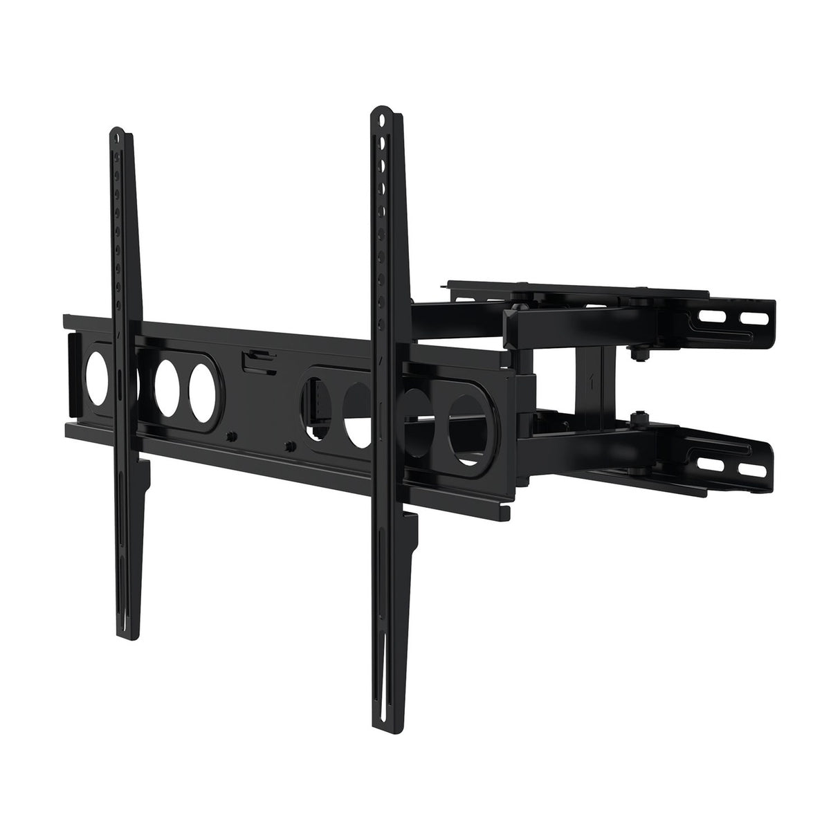 AV:Link FML600 full motion double arm TV bracket in black steel with VESA mounting rails and extendable swivel arms, shown on a plain white background.