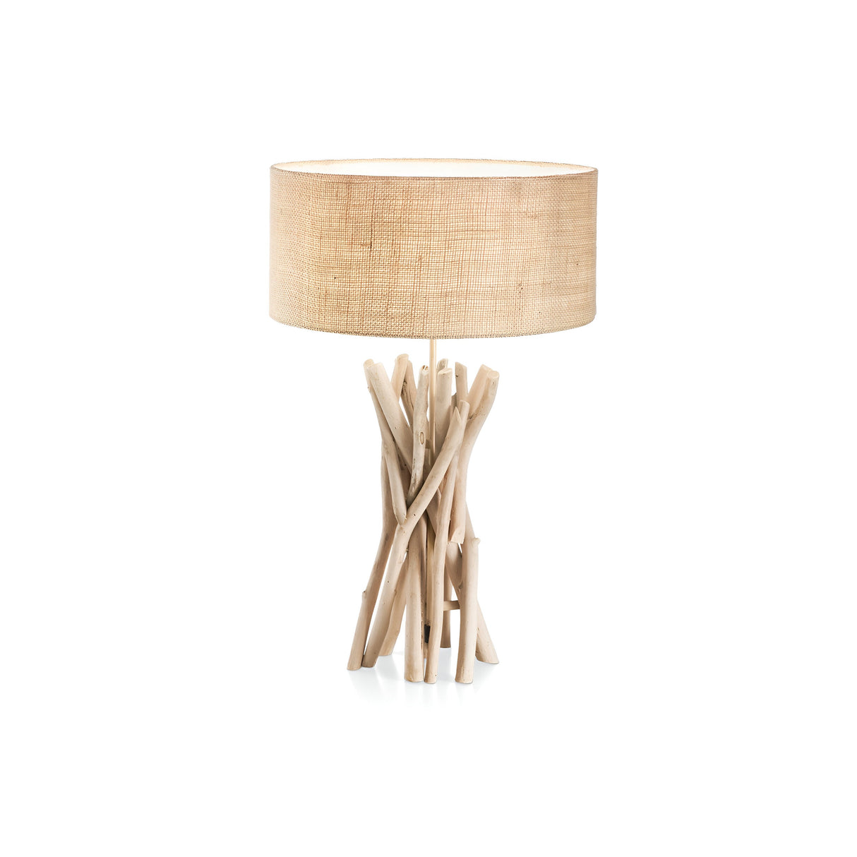 The Zone Wood Table Lamp - Light Brown boasts a beige woven lampshade elegantly perched on a base made from intricately interwoven natural wood branches, radiating rustic elegance. Its captivating presence is beautifully highlighted against a white background, amplifying its organic charm.