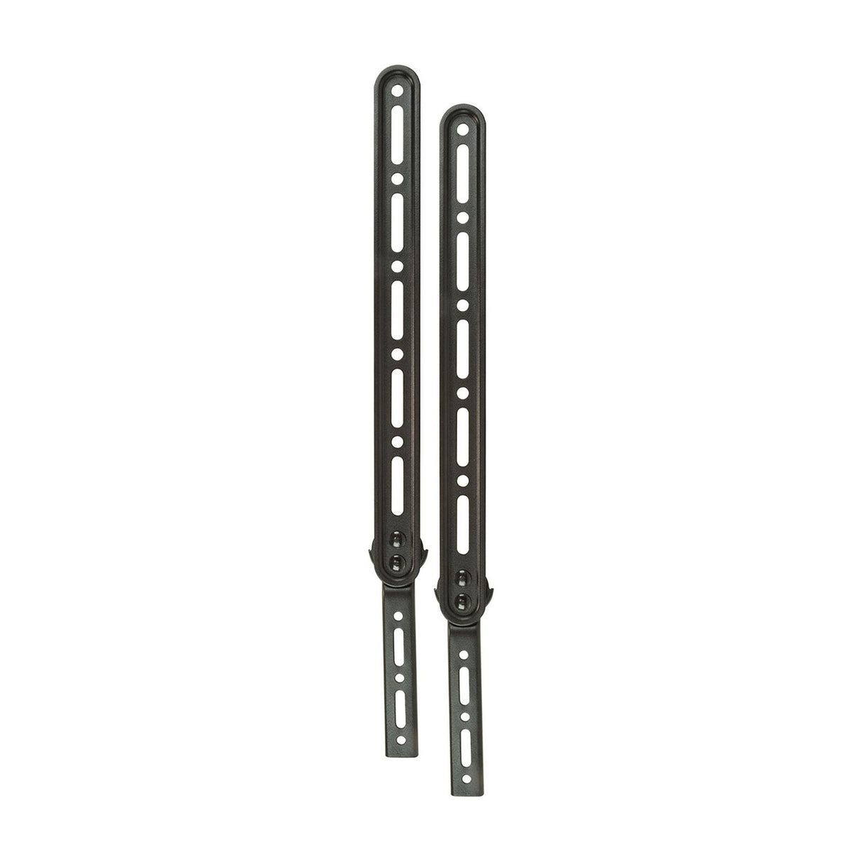 AV:Link universal L-shaped soundbar mounting brackets by AVSL in matte black steel, shown as a pair with slotted adjustment holes on a plain white background.