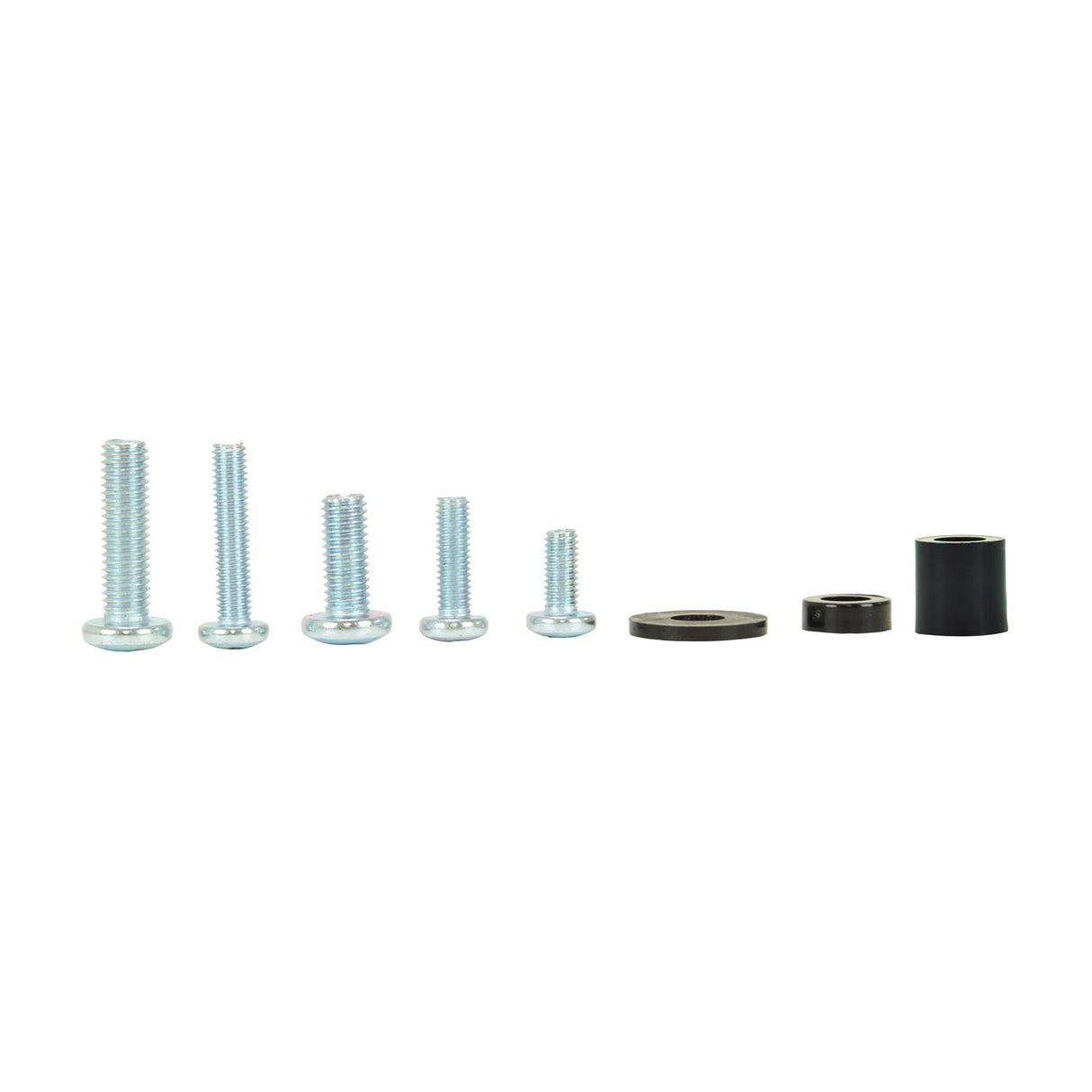 AV:Link universal soundbar mounting bracket installation hardware set with five silver screws of varying lengths, a washer, and two black spacers.