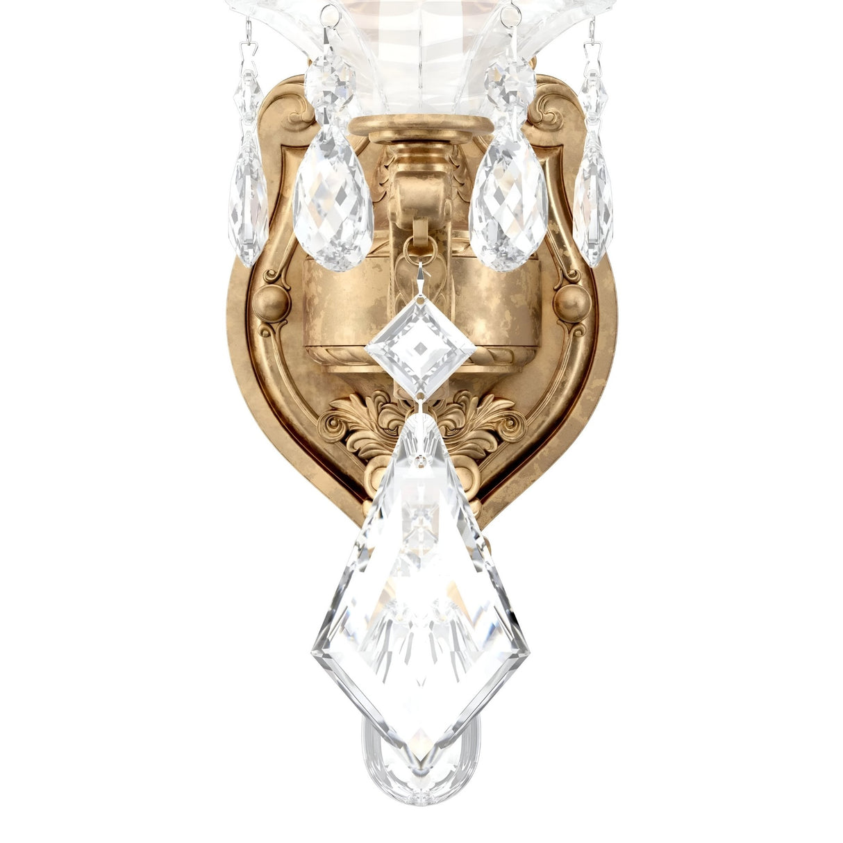 The Vienna 1 Light K9 Crystal Wall Light features an ornate Rococo design with an heirloom gold finish, accented by clear teardrop and diamond-shaped K9 crystal pendants that reflect light for a stunning, elegant look.
