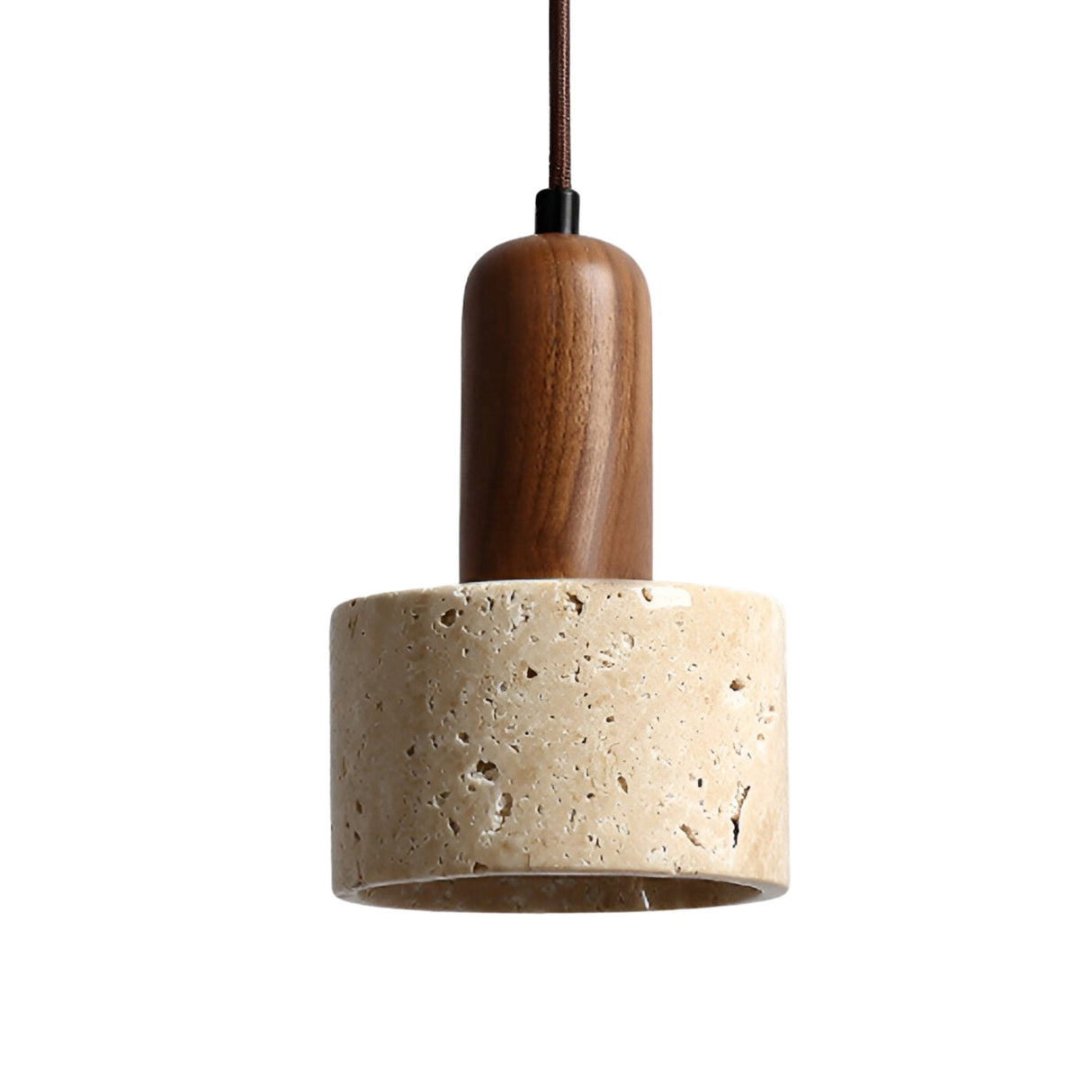 The Lunaro 1 Light Small Travertine Single Pendant Light features a light beige cylindrical travertine shade, a walnut brown top, and hangs from a dark cord against a white background.