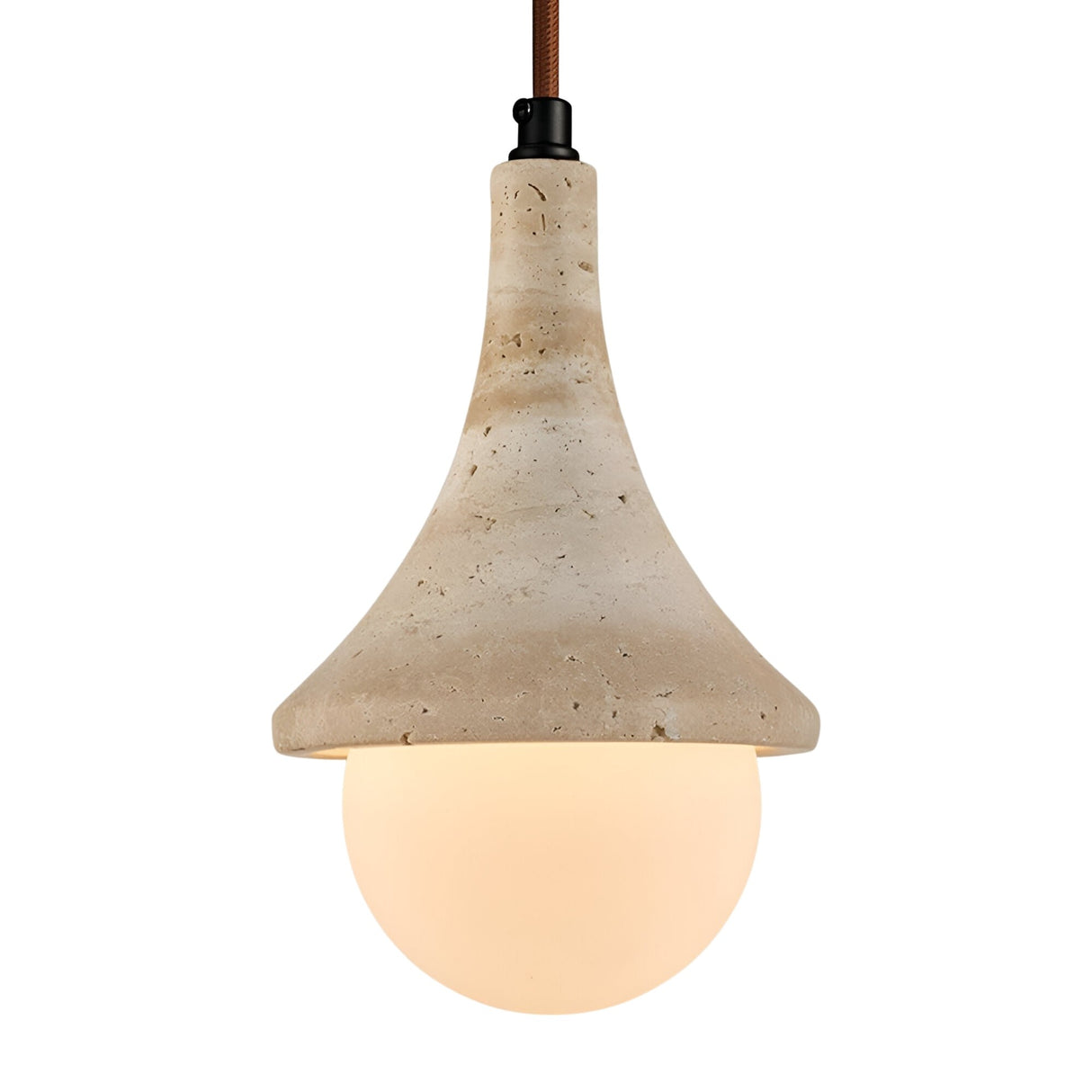 The Velmora 1 Light Bell Travertine Single Pendant Light in light beige features a textured bell-shaped travertine shade and a round frosted glass bulb suspended from a cord.