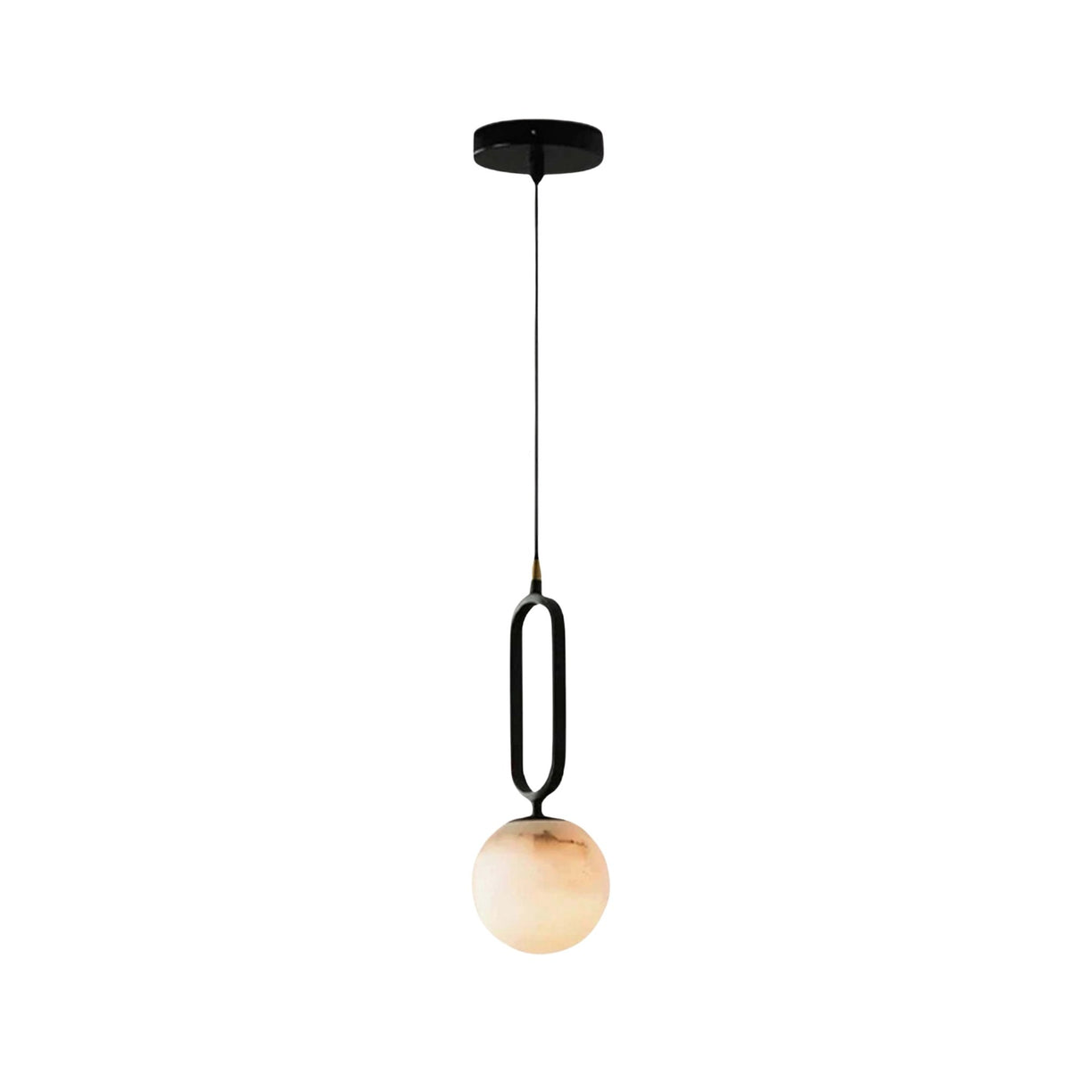The Orvyn 1 Light Small Globe Alabaster Single Pendant Light features a soft white alabaster globe, an oval matte black frame, a thin black cord, and a black circular ceiling mount for a modern look.