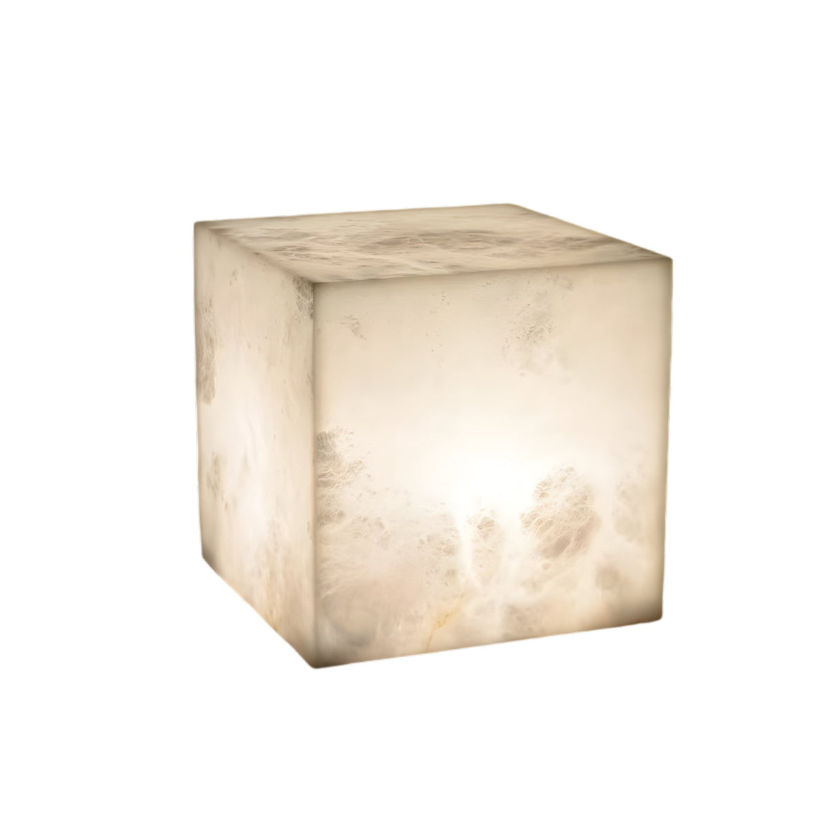 The Cubara LED Small Cube Alabaster Table Lamp – Soft White features a glowing, translucent natural Spanish alabaster cube that emits a soft white light, resembling marbled stone for a touch of subtle elegance.