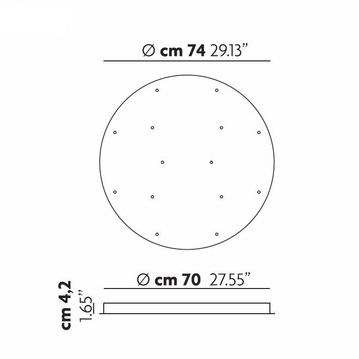Diagram of a circular object that mirrors the design of the Cluster 24 Light Round Canopy in white, with dimensions matching a round canopy. The overall diameter measures 74 cm (29.13 inches) including the outer edge, while the inner circle is 70 cm (27.55 inches). The structure has a thickness of 4.2 cm (1.65 inches), akin to that of pendant lights, featuring several small dots evenly distributed within it.