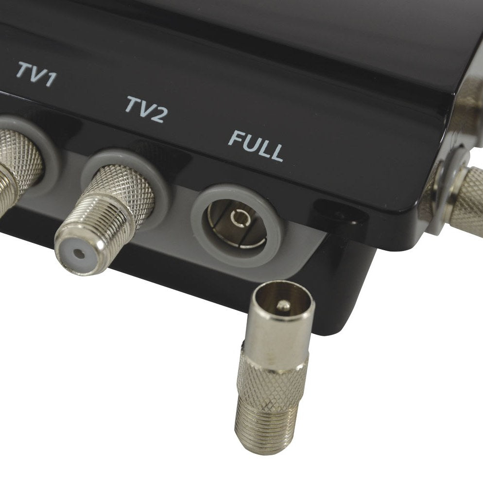 Close-up of the Mercury AMD02 2-way VHF/UHF distribution amplifier by AVSL, showing TV1, TV2 and FULL F-type coaxial ports with an included adaptor.