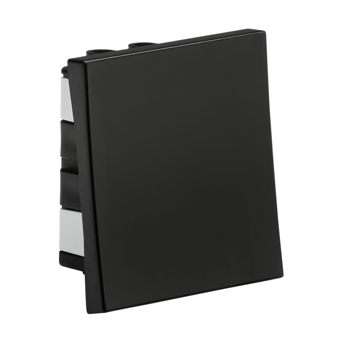 A black, rectangular electronic device with a smooth finish offering a glimpse of its internal components from the side, providing euro modular faceplate options for tailored solutions. Introducing the 20AX 1 Gang 2-Way Modular Wide Rocker Switch (50x50mm) - Black.