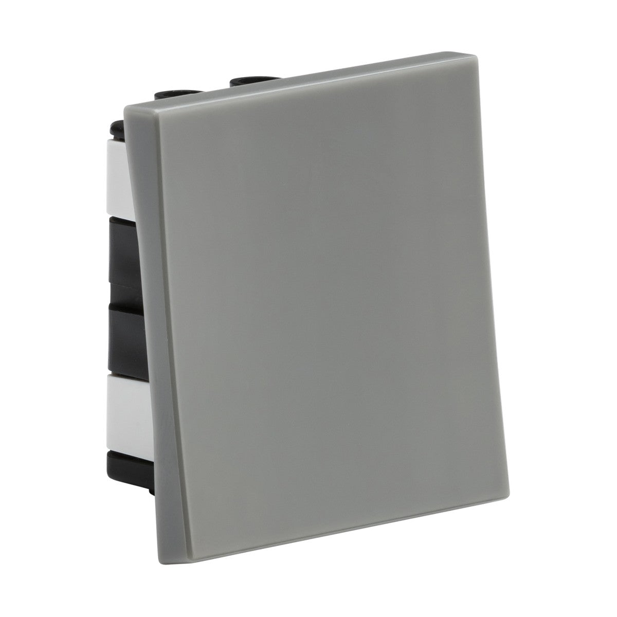 The 20AX 1 Gang 2-Way Modular Wide Rocker Switch (50x50mm) in grey boasts a minimalist, modern design with its smooth rectangular surface and compact, stackable form. It integrates seamlessly into a euro modular faceplate system for hassle-free installation in any home or office environment.