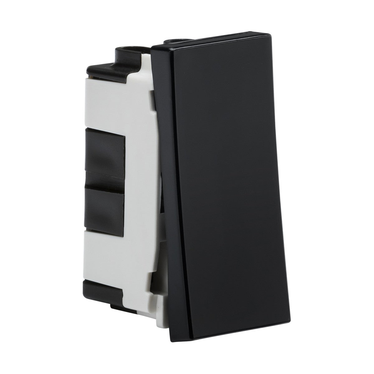 Close-up of a black intermediate modular rocker light switch with a sleek, modern design set against a white background, featuring side and front views. Perfect for indoor use, this 20AX 1 gang switch (25x50mm) offers custom solutions with optional Euro modular faceplates for enhanced versatility.