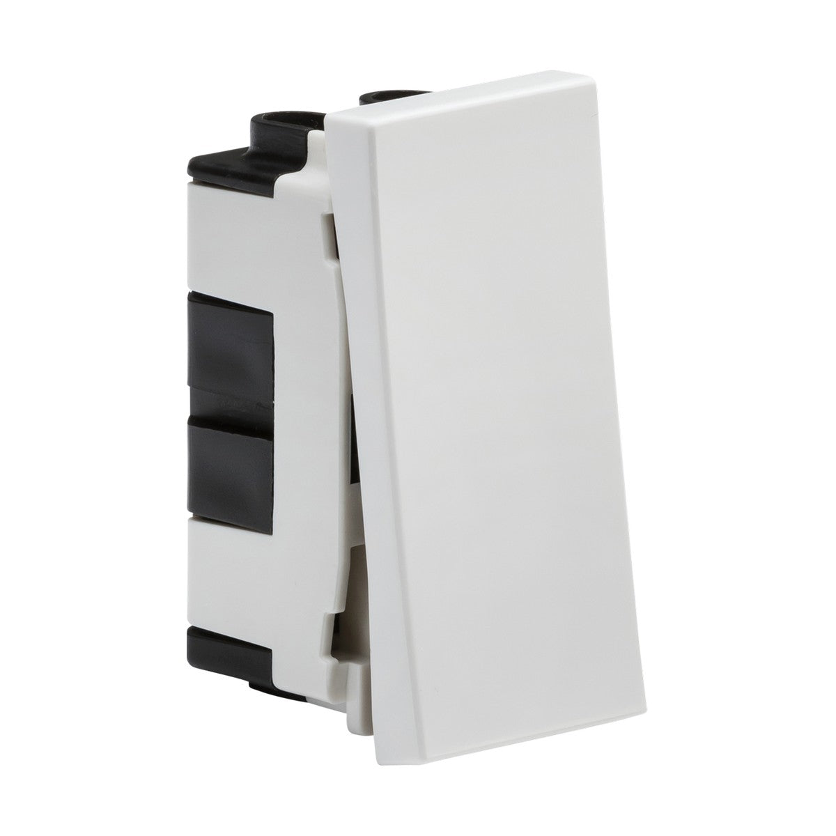 A 20AX 1 Gang Intermediate Modular Switch (25x50mm) in white, viewed from the side, showcases a sleek, modern design ideal for indoor spaces. Set against a plain white background, its Euro modular faceplate accentuates the switch's rectangular shape and minimalist aesthetic.