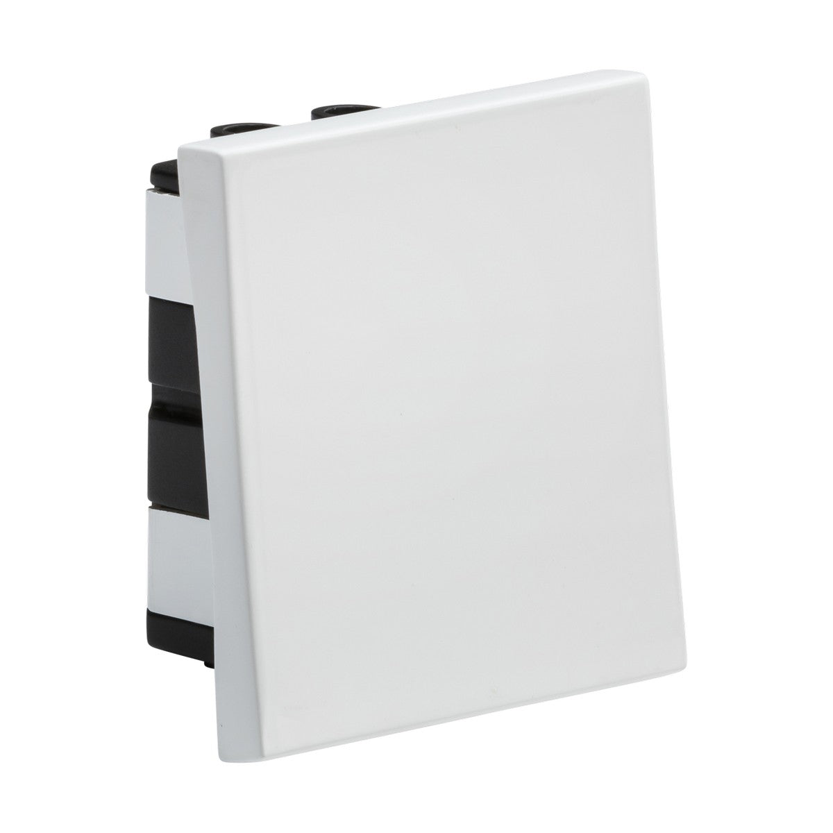 Displayed against a plain white background is the 20AX 1 Gang Intermediate Modular Wide Rocker Switch in white with a minimalist design, featuring a 50x50mm rocker mounted on a black base. Its euro modular faceplate offers versatile and customizable solutions to complement any modern space.