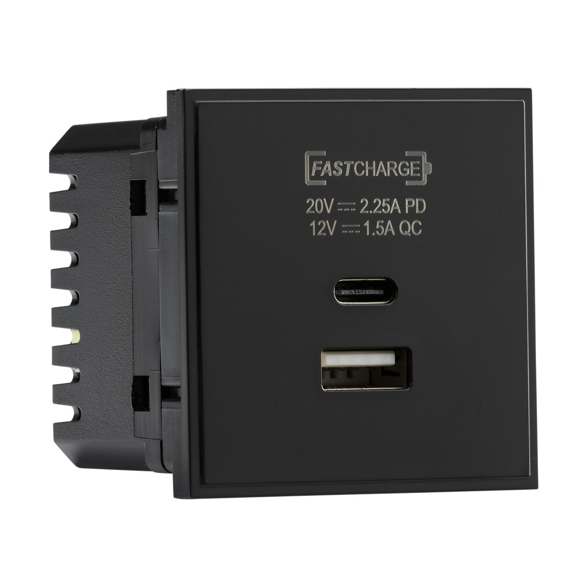 The Dual USB (18W QC/45W USB-PD) 50 X 50mm - Black charger outlet boasts a sleek, rectangular design and includes both a USB-C PD and a USB port. It offers labeled power outputs of 20V at 2.25A for PD and 12V at 1.5A for QC, making this fast-charge wall socket compatible with euro-module faceplates for versatile use.