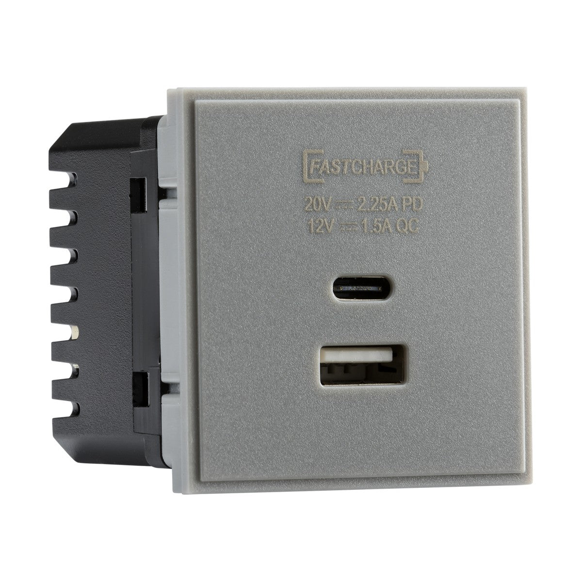 The Dual USB (18W QC/45W USB-PD) 50 X 50mm in gray is a fast charge USB charger outlet that includes both USB-C and USB-A ports. It features output specifications labeled as 20V at 2.25A PD and 12V at 1.5A QC and has a black back casing with a rectangular shape for efficient power delivery.