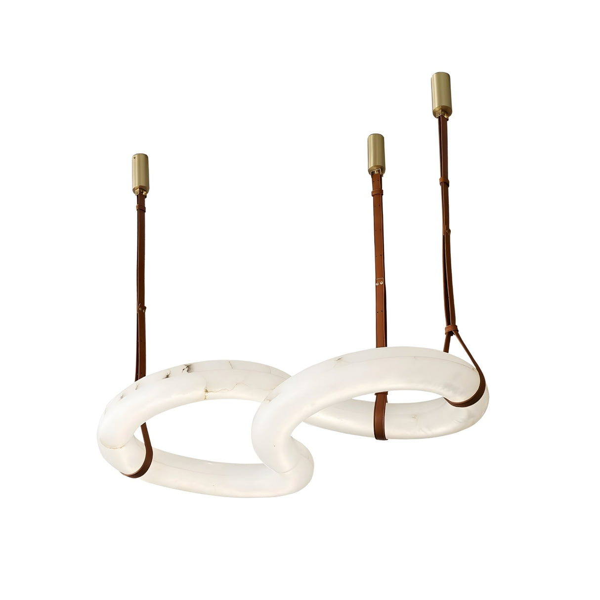 The Serava LED Small Alabaster Loop Suspension Light in Brown & Soft White features two intertwined oval rings of marble-like alabaster, suspended by brown leather straps and brass fixtures, set against a white background.