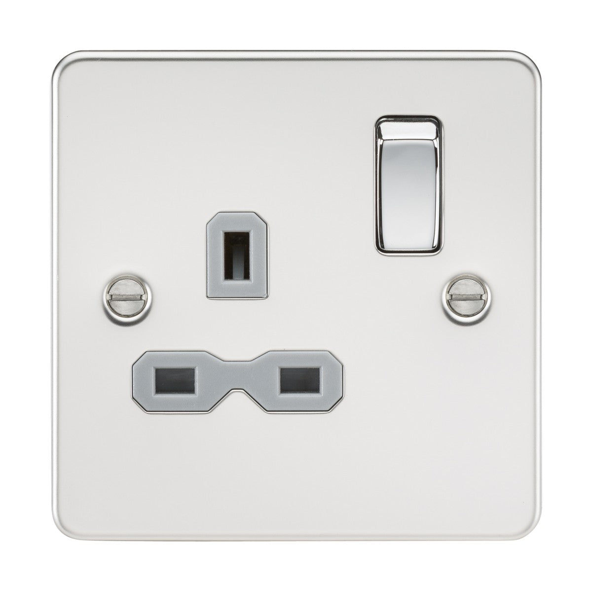 The 13A 1 Gang DP Switched Socket in polished chrome boasts a sleek flat plate design with three rectangular pinholes and two mounting screws, complemented by a grey insert. The switch is elegantly positioned on the top right corner of the socket.